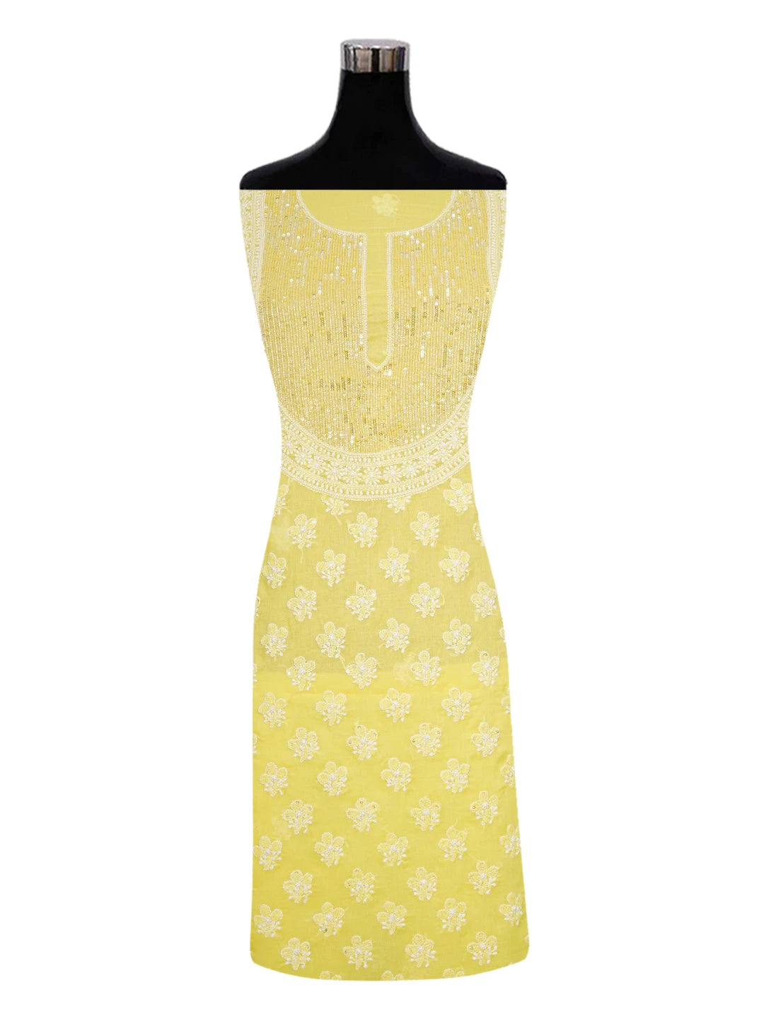 Ada Hand Embroidered Yellow Cotton Lucknowi Chikankari Unstitched Suit Piece With Sequinned Work 01A563987