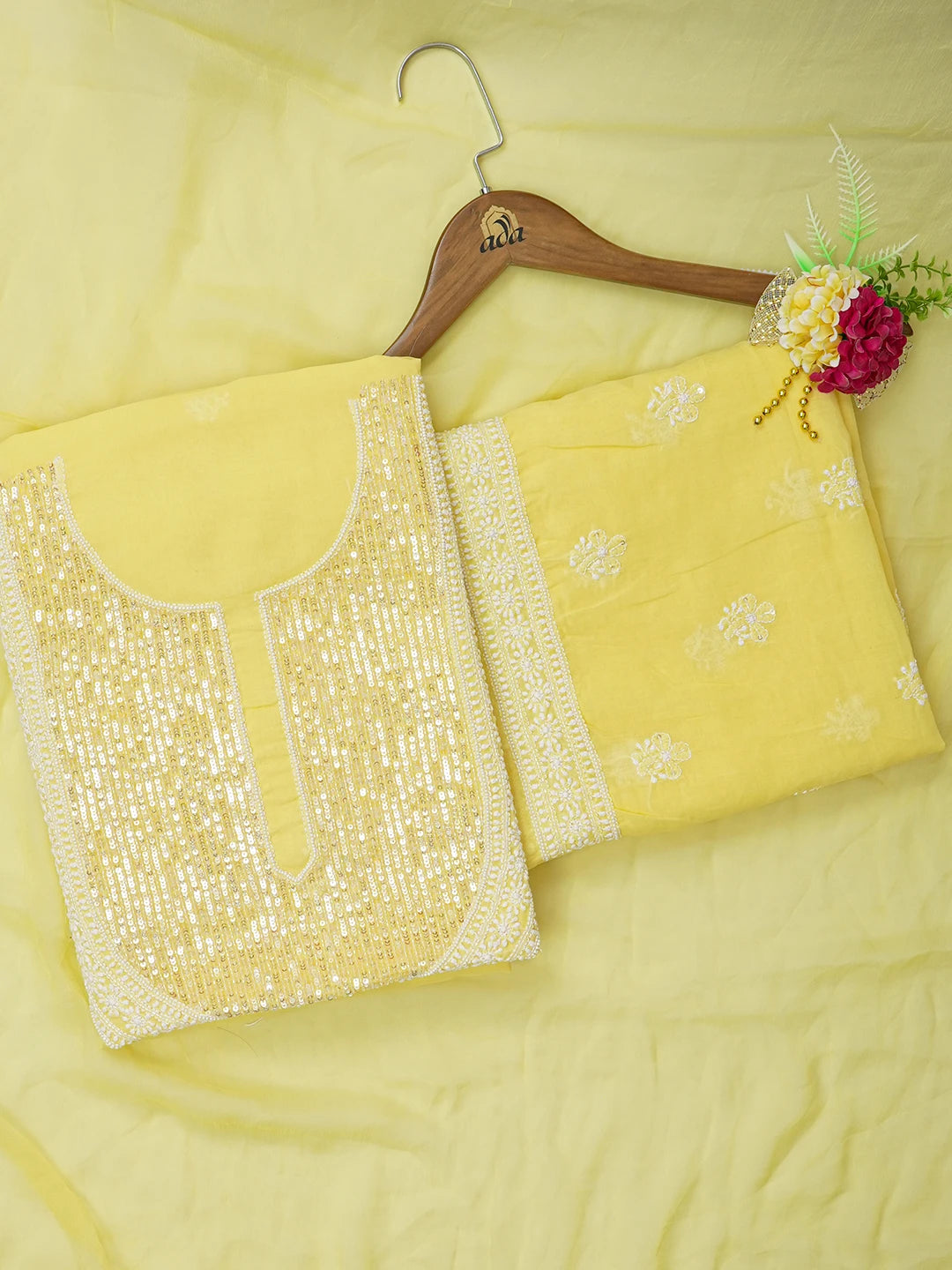 Ada Hand Embroidered Yellow Cotton Lucknowi Chikankari Unstitched Suit Piece With Sequinned Work 01A563987