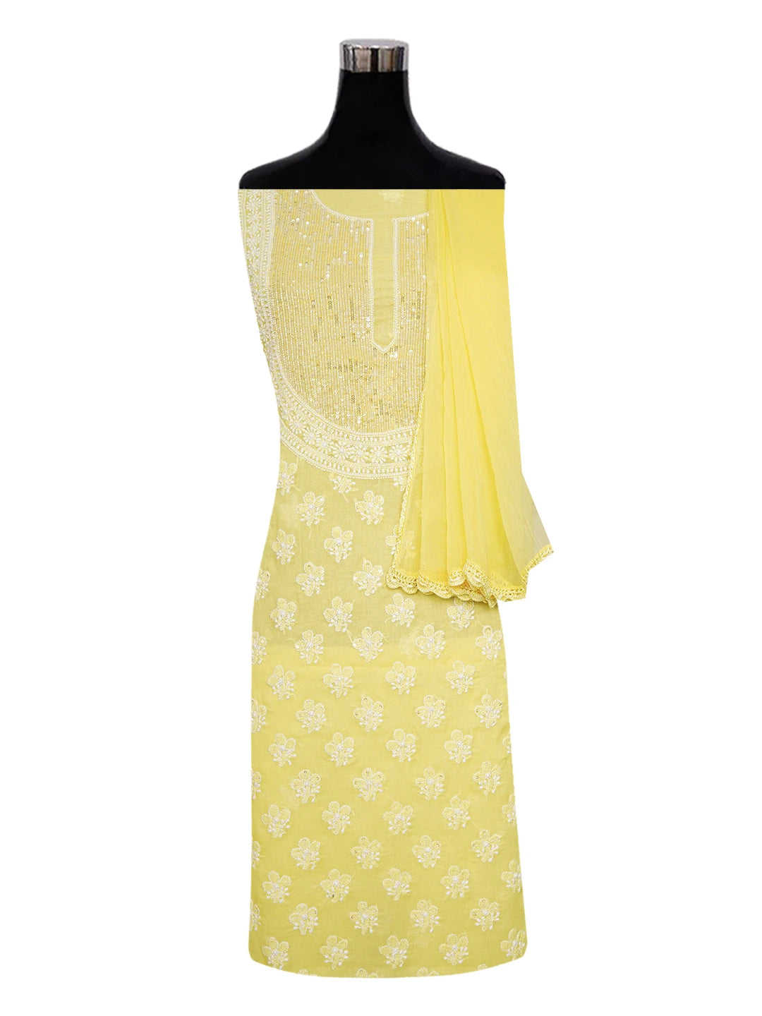 Ada Hand Embroidered Yellow Cotton Lucknowi Chikankari Unstitched Suit Piece With Sequinned Work 01A563987