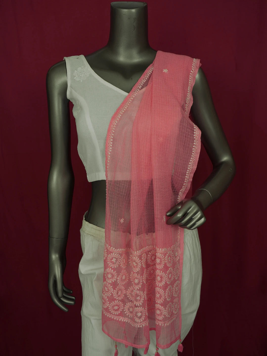 Ada Hand Embroidered Georgia Peach Kota Lucknowi Chikankari Dupatta 01A641077