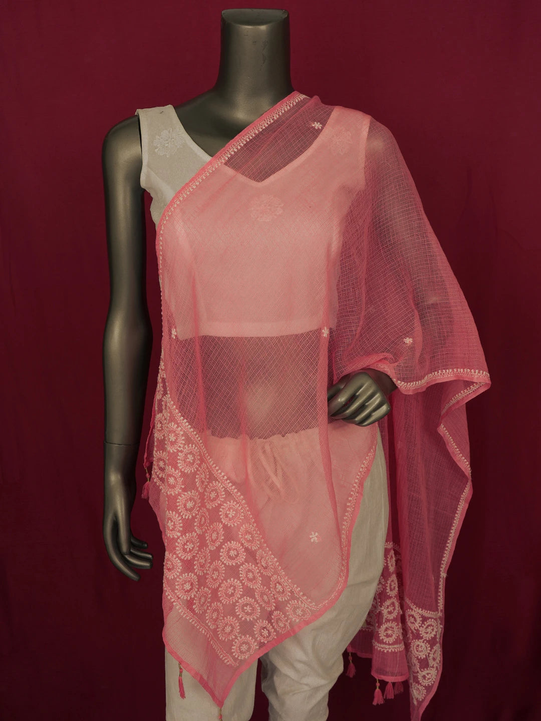 Ada Hand Embroidered Georgia Peach Kota Lucknowi Chikankari Dupatta 01A641077