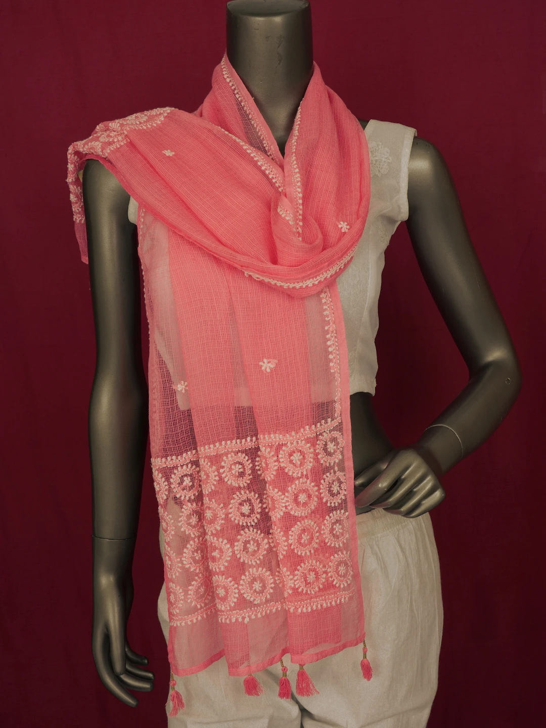 Ada Hand Embroidered Georgia Peach Kota Lucknowi Chikankari Dupatta 01A641077