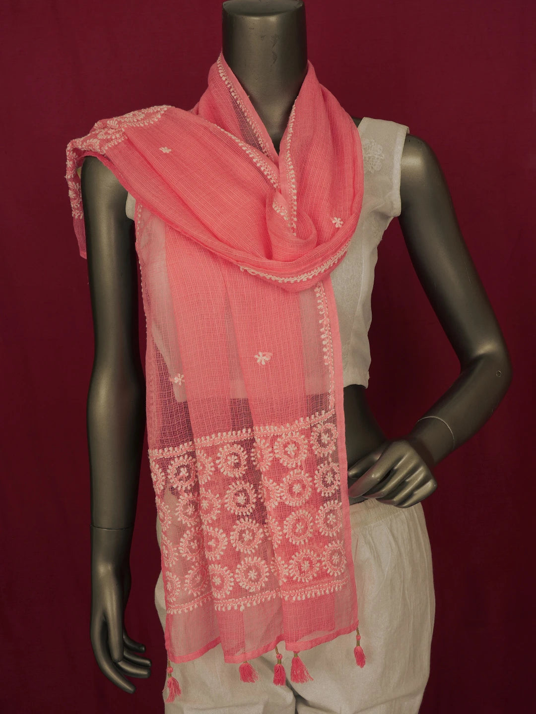 Ada Hand Embroidered Georgia Peach Kota Lucknowi Chikankari Dupatta 01A641077