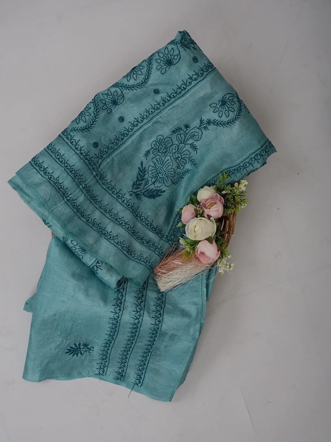 Ada Hand Embroidered Blue (Munsell) Silk Lucknowi Chikankari Semi-Stitched Anarkali Kurta Dupatta Set 01A626993