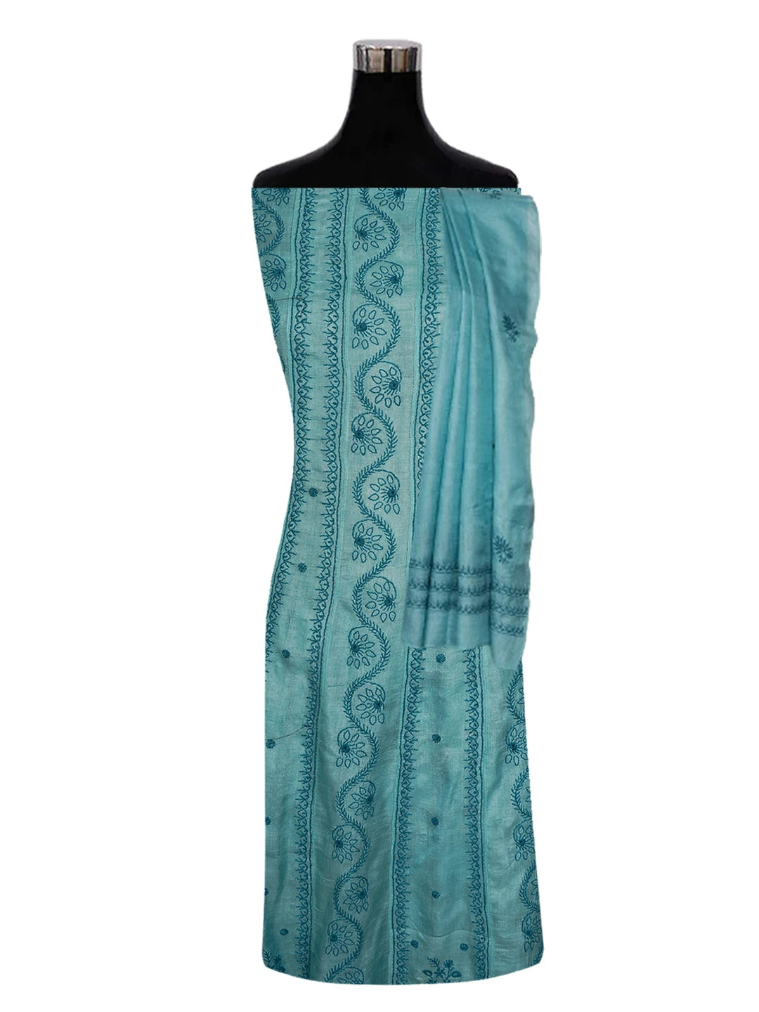 Ada Hand Embroidered Blue (Munsell) Silk Lucknowi Chikankari Semi-Stitched Anarkali Kurta Dupatta Set 01A626993