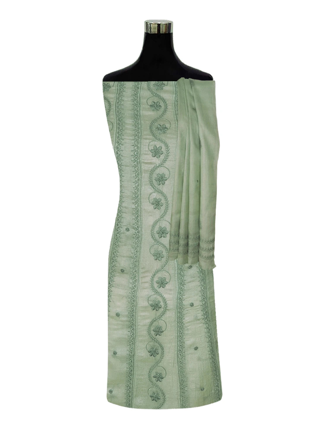 Ada Hand Embroidered Ash Gray Silk Lucknowi Chikankari Semi-Stitched Anarkali Kurta Dupatta Set 01A626996
