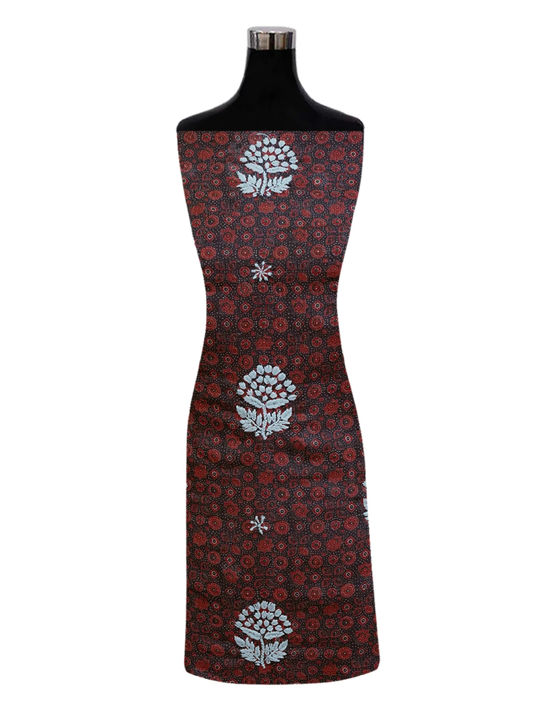 Ada Hand Embroidered Navy Blue Floral Printed Kota Silk Lucknowi Chikankari Unstitched Kurta Piece 01A409946