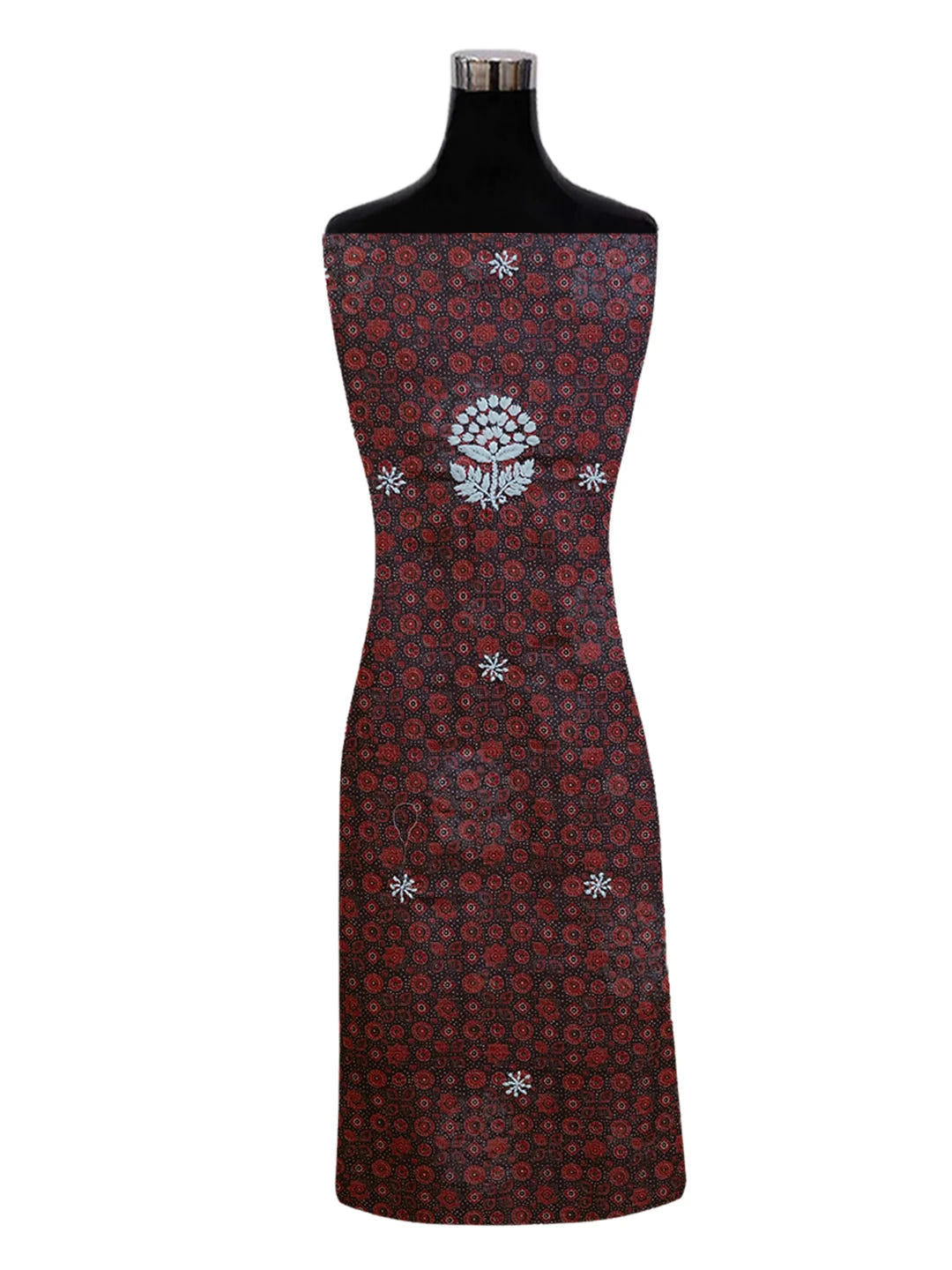 Ada Hand Embroidered Navy Blue Floral Printed Kota Silk Lucknowi Chikankari Unstitched Kurta Piece 01A409946