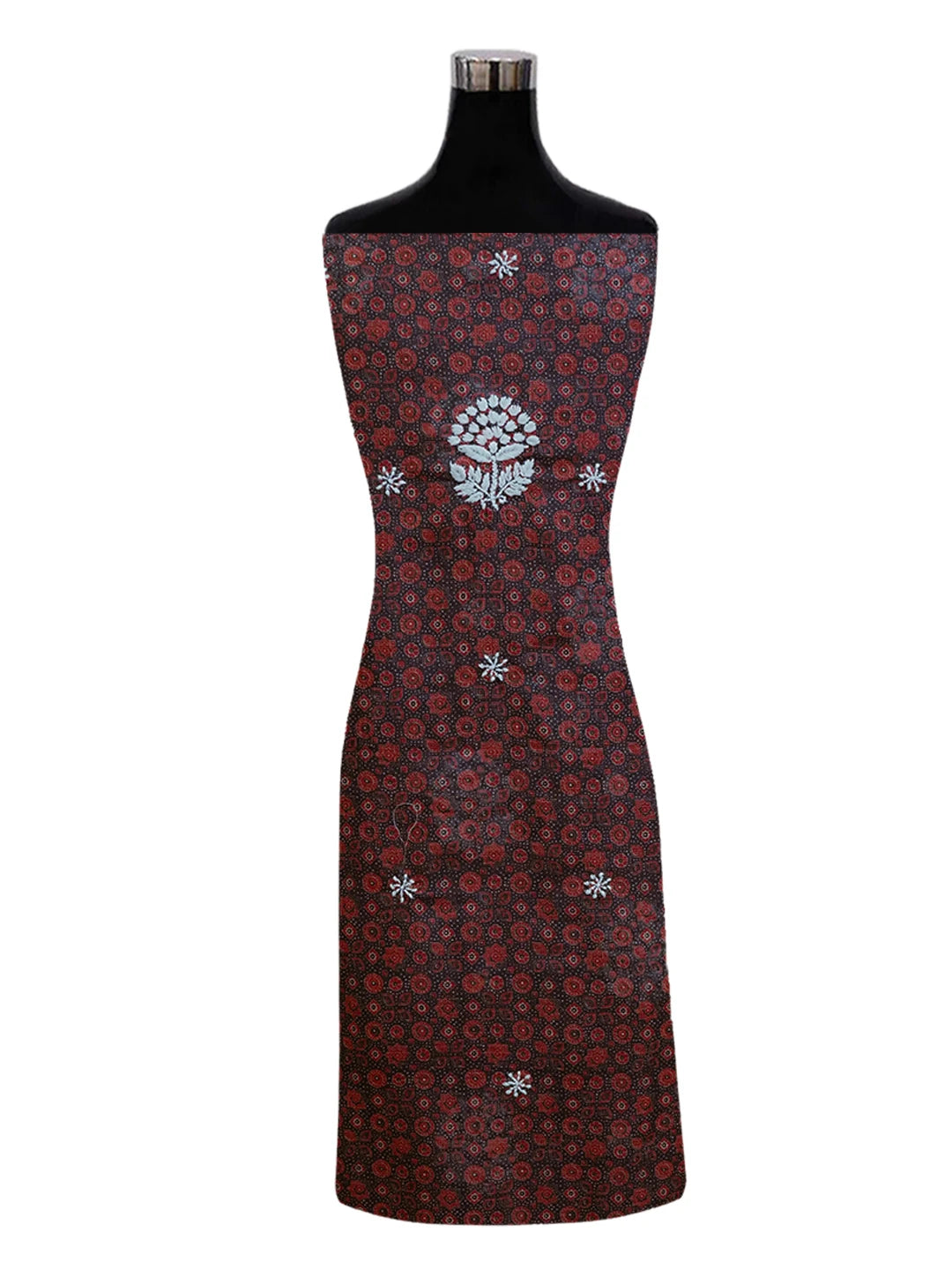 Ada Hand Embroidered Navy Blue Floral Printed Kota Silk Lucknowi Chikankari Unstitched Kurta Piece 01A409946