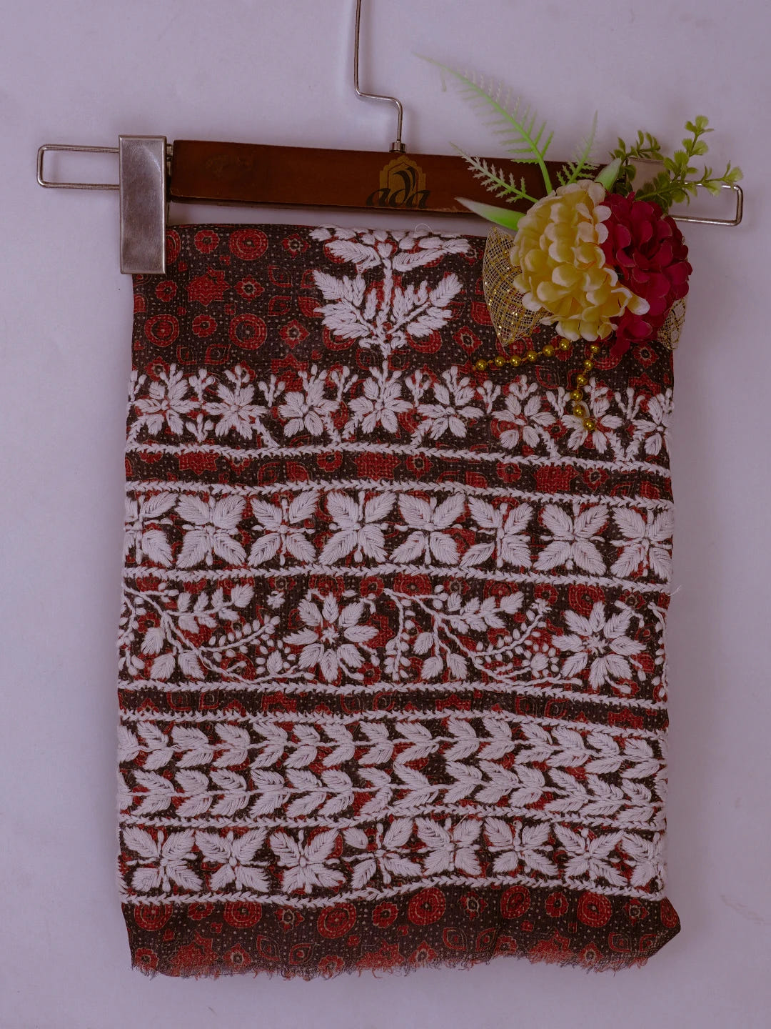 Ada Hand Embroidered Navy Blue Floral Printed Kota Silk Lucknowi Chikankari Unstitched Kurta Piece 01A409946