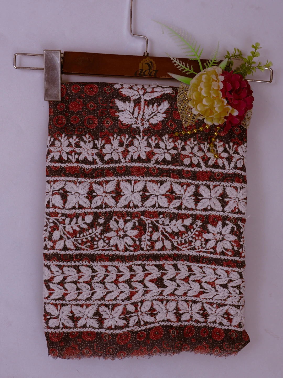 Ada Hand Embroidered Navy Blue Floral Printed Kota Silk Lucknowi Chikankari Unstitched Kurta Piece 01A409946