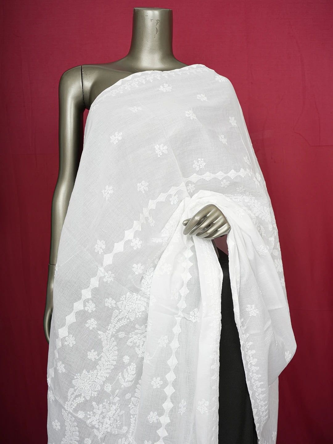 Ada Hand Embroidered White Cotton Lucknowi Chikankari Dupatta 01A627858