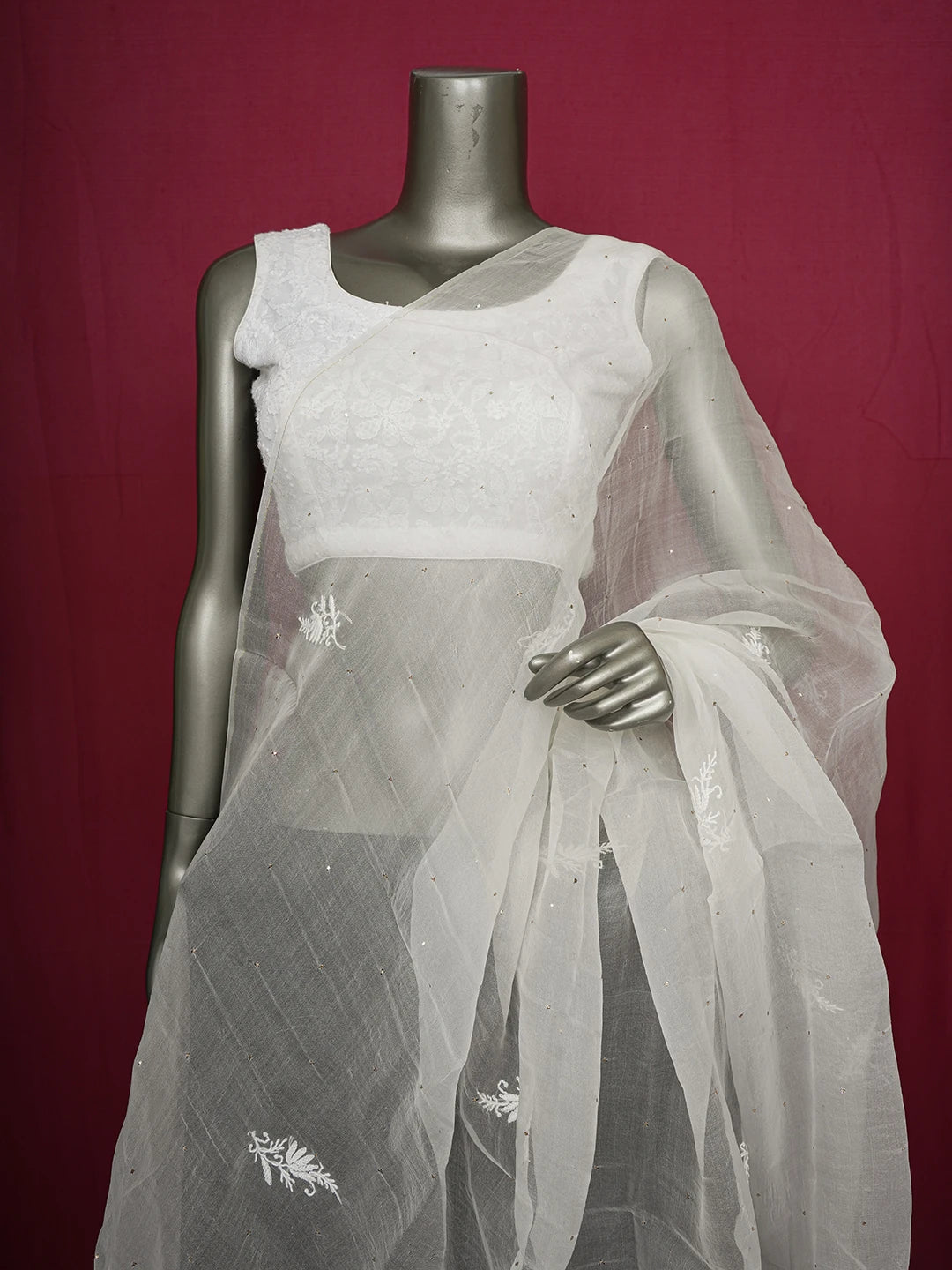 Ada Hand Embroidered White Organza Lucknowi Chikankari Dupatta With Muqaish Work 01A595762