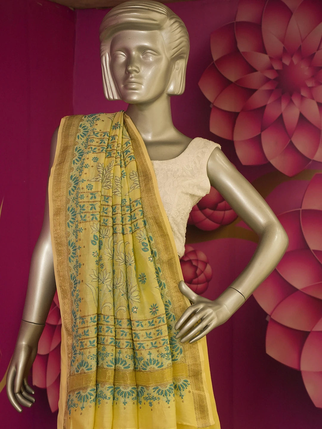 Ada Hand Embroidered Straw Yellow Chanderi Lucknowi Chikankari Saree/Blouse with Zari Work 01A526022