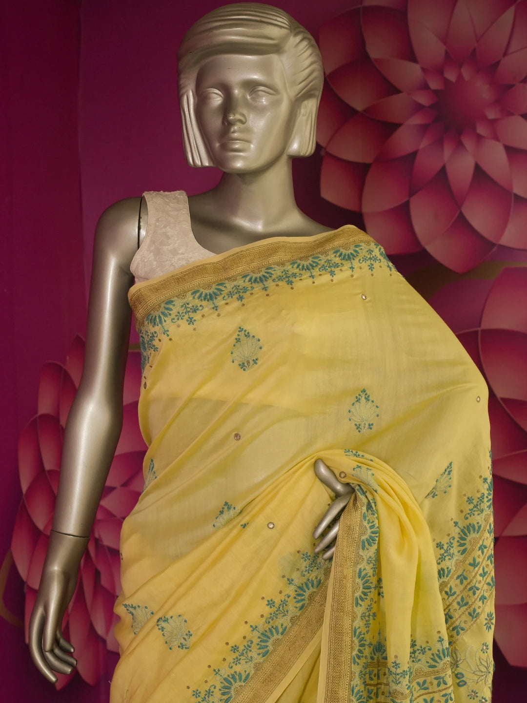 Ada Hand Embroidered Straw Yellow Chanderi Lucknowi Chikankari Saree/Blouse with Zari Work 01A526022