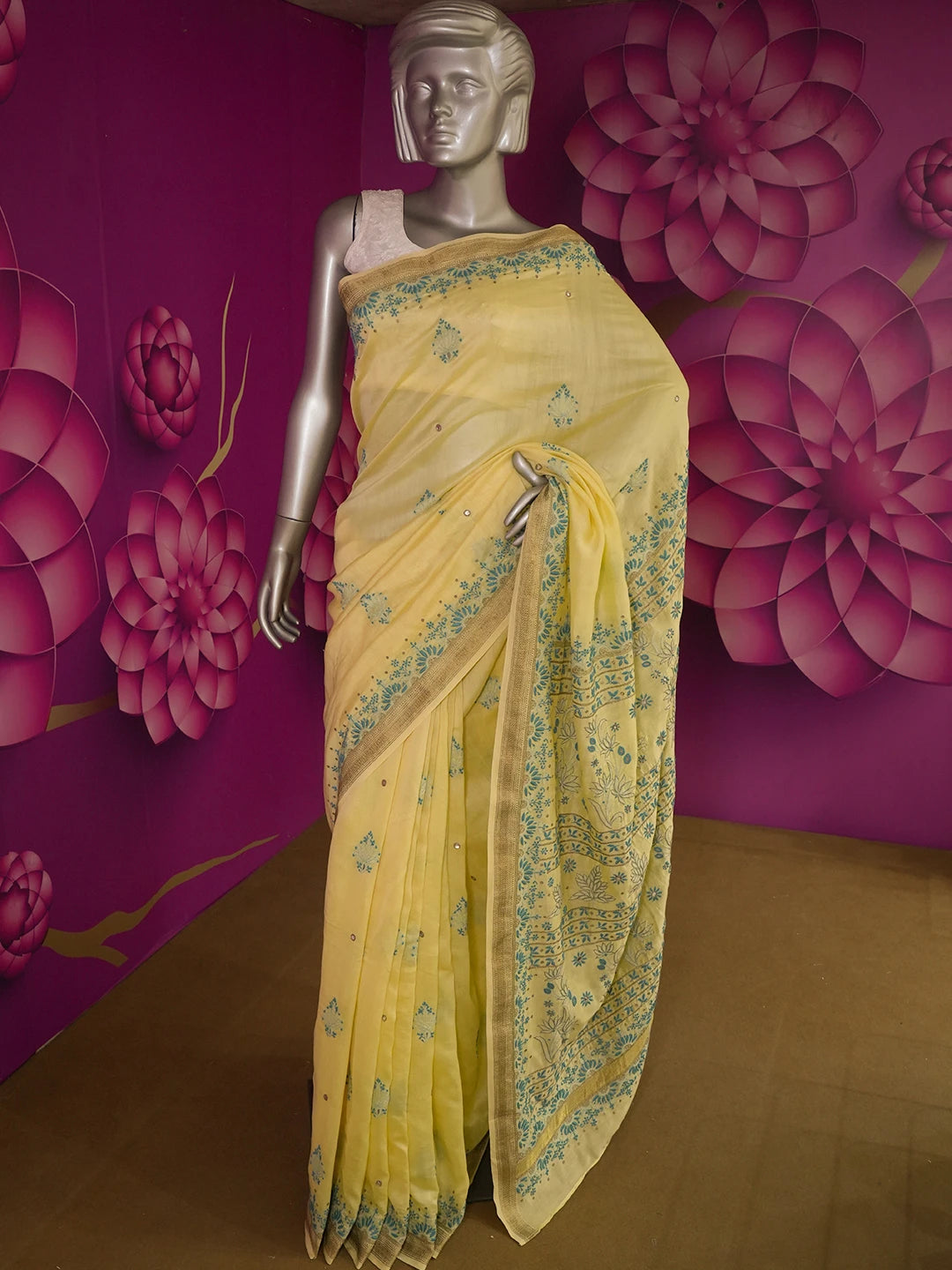 Ada Hand Embroidered Straw Yellow Chanderi Lucknowi Chikankari Saree/Blouse with Zari Work 01A526022