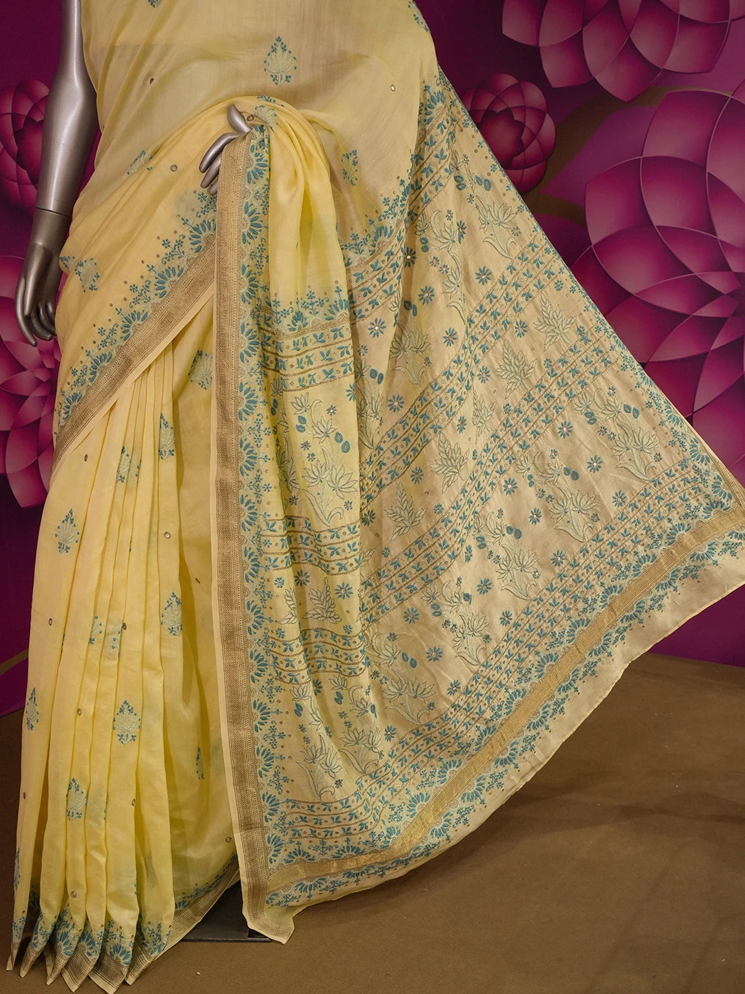 Ada Hand Embroidered Straw Yellow Chanderi Lucknowi Chikankari Saree/Blouse with Zari Work 01A526022