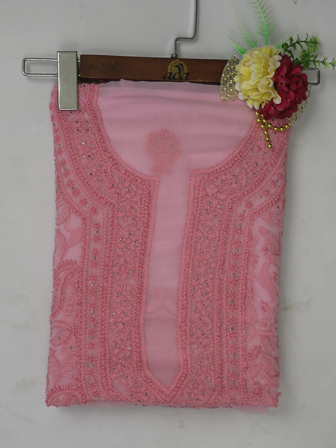 Ada Hand Embroidered Pink Georgette Lucknowi Chikankari Unstitched Kurta Piece With Muqaish Work 01A614066
