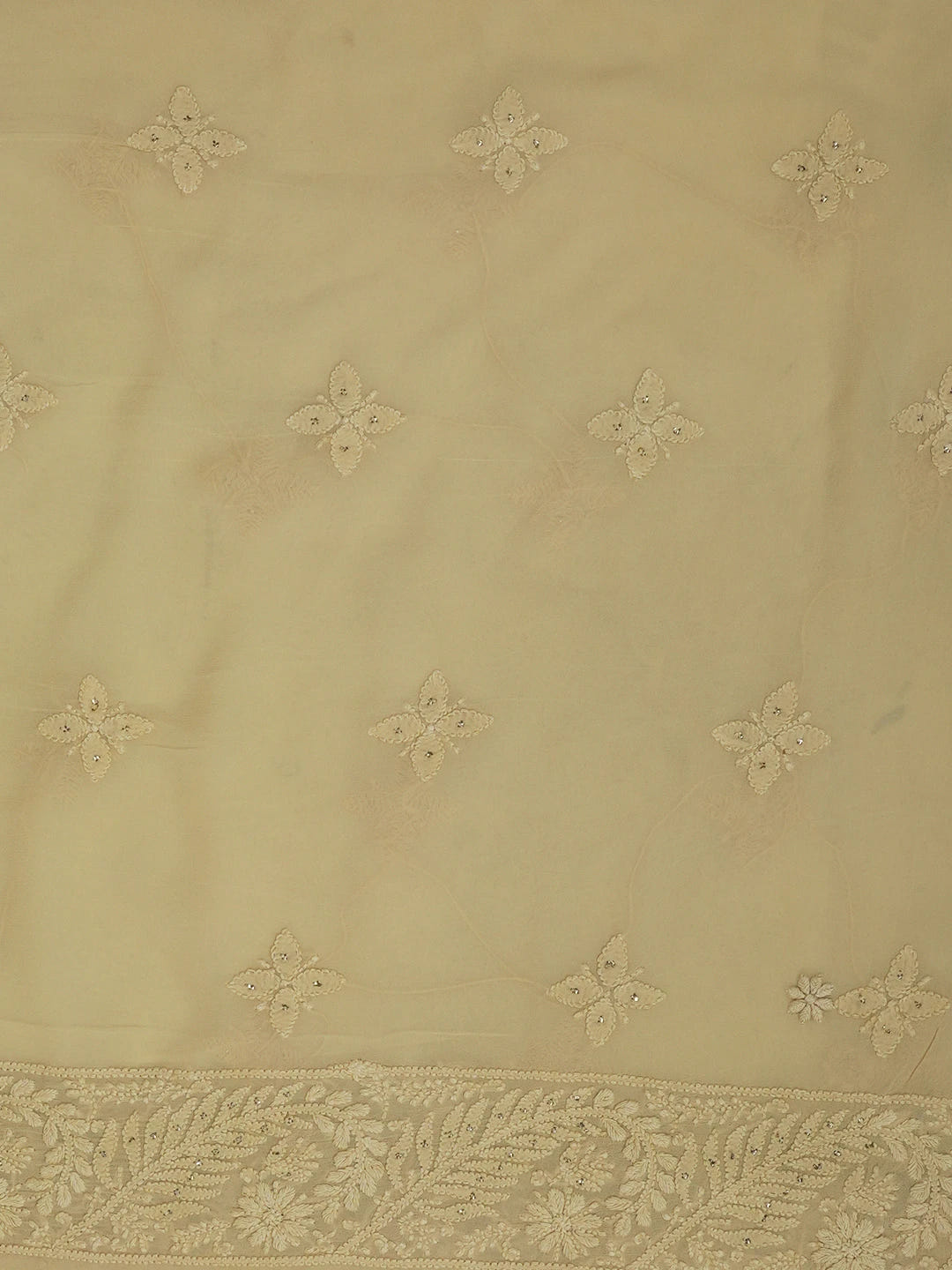 Ada Hand Embroidered Fawn Pure Georgette Lucknowi Chikankari Unstitched Kurta Piece With Muqaish Work 01A375436