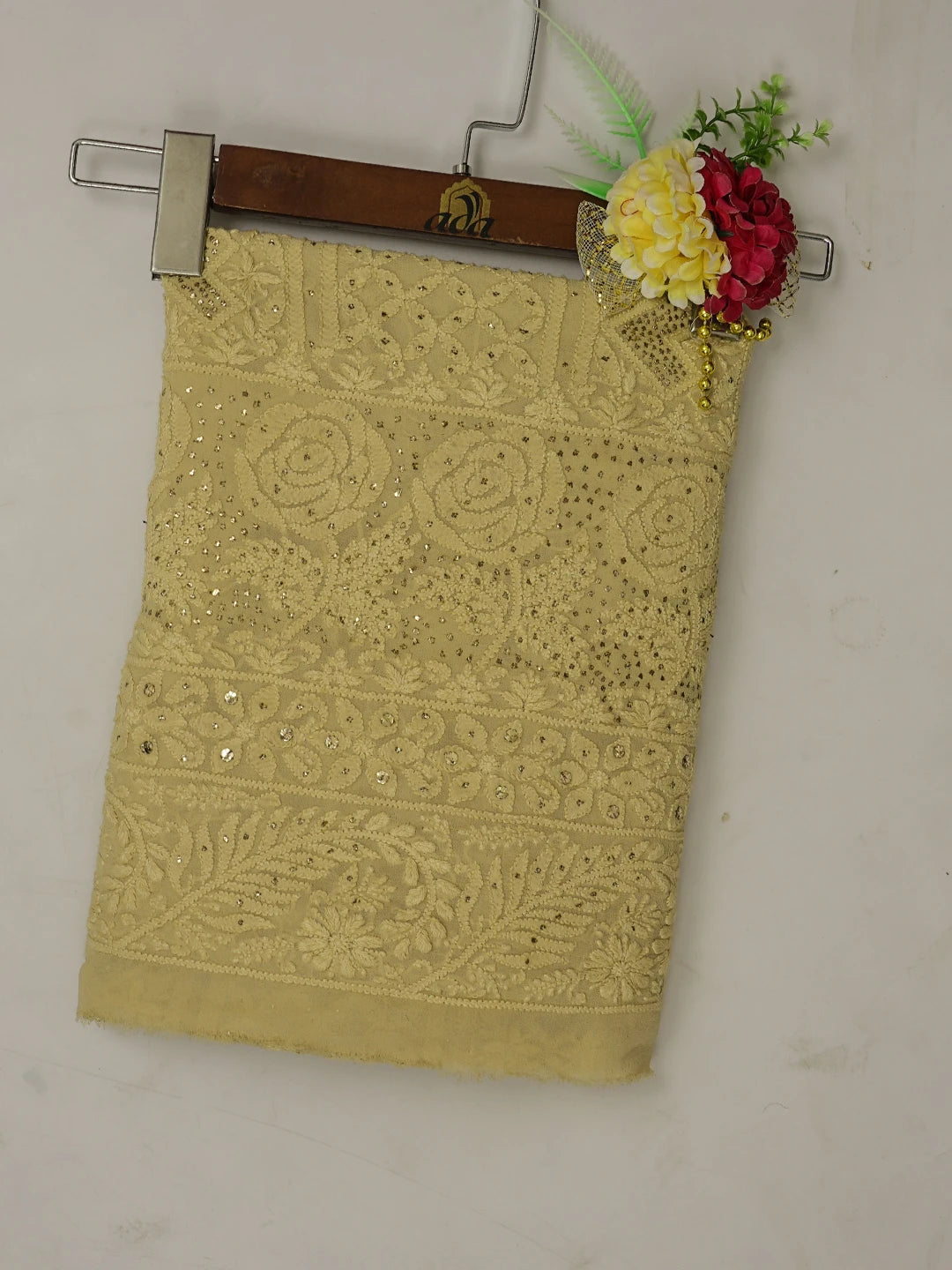 Ada Hand Embroidered Fawn Pure Georgette Lucknowi Chikankari Unstitched Kurta Piece With Muqaish Work 01A375436