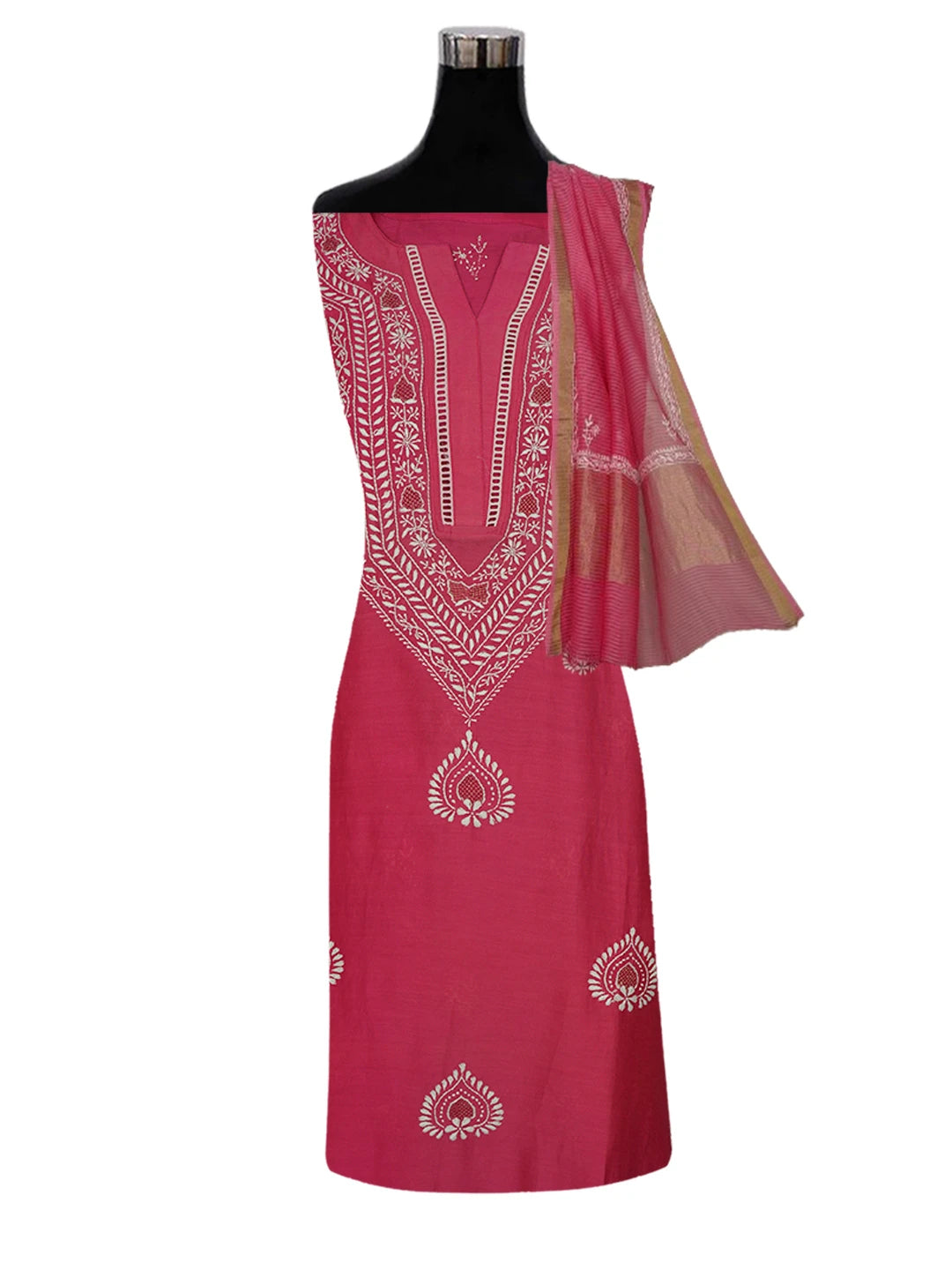 Ada Hand Embroidered Magenta Chanderi Lucknowi Chikankari Semi- Stitched Suit Piece With Zari Work 01A575700