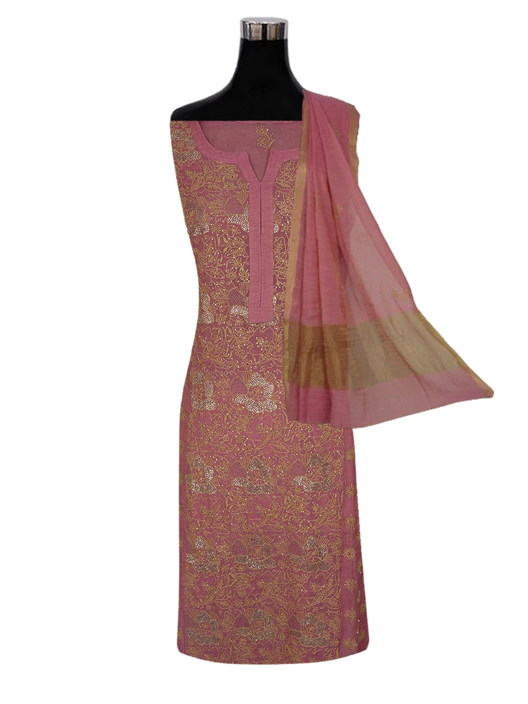 Ada Hand Embroidered Onion Pink Tissue Lucknowi Chikankari Semi-stitched Kurta Dupatta Set With Muqaish & Zari Work 01A627930