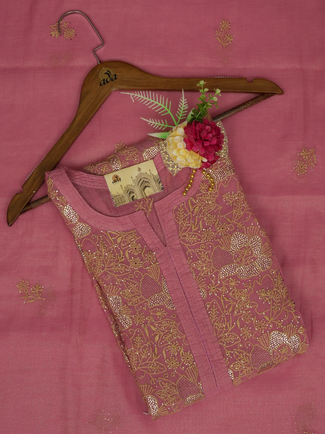 Ada Hand Embroidered Onion Pink Tissue Lucknowi Chikankari Semi-stitched Kurta Dupatta Set With Muqaish & Zari Work 01A627930
