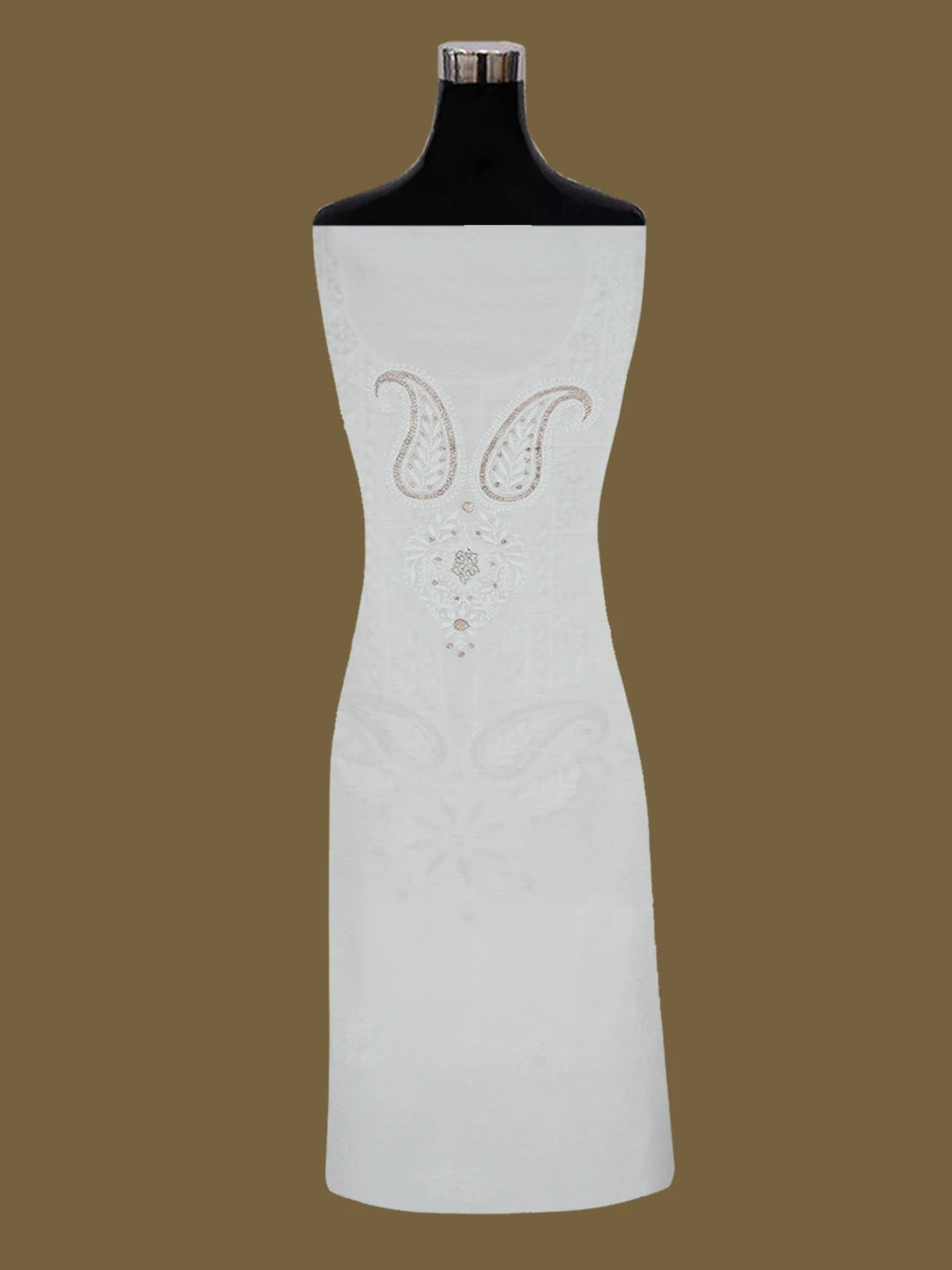 Ada Hand Embroidered White Chanderi Lucknowi Chikankari Unstitched Kurta Piece With Mirror Work 01A372748