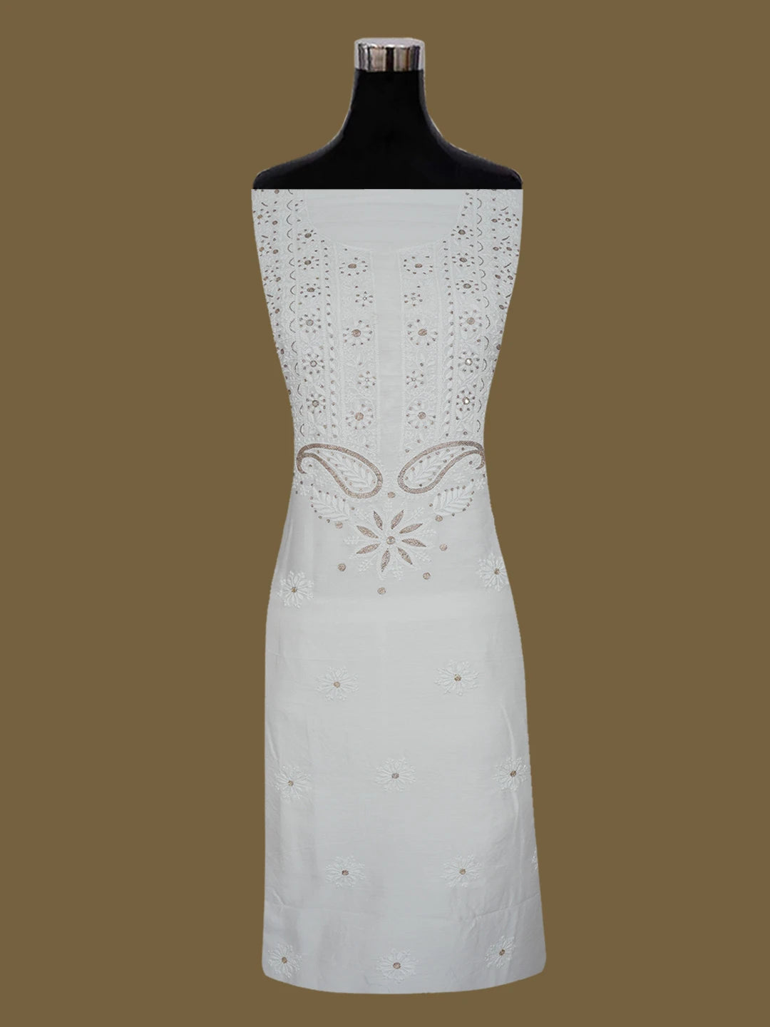 Ada Hand Embroidered White Chanderi Lucknowi Chikankari Unstitched Kurta Piece With Mirror Work 01A372748