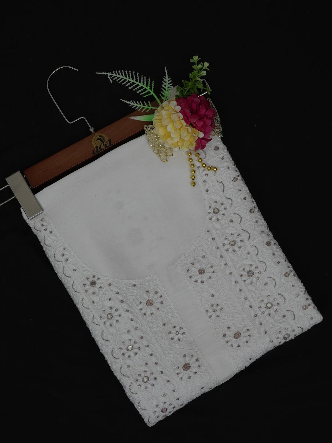 Ada Hand Embroidered White Chanderi Lucknowi Chikankari Unstitched Kurta Piece With Mirror Work 01A372748