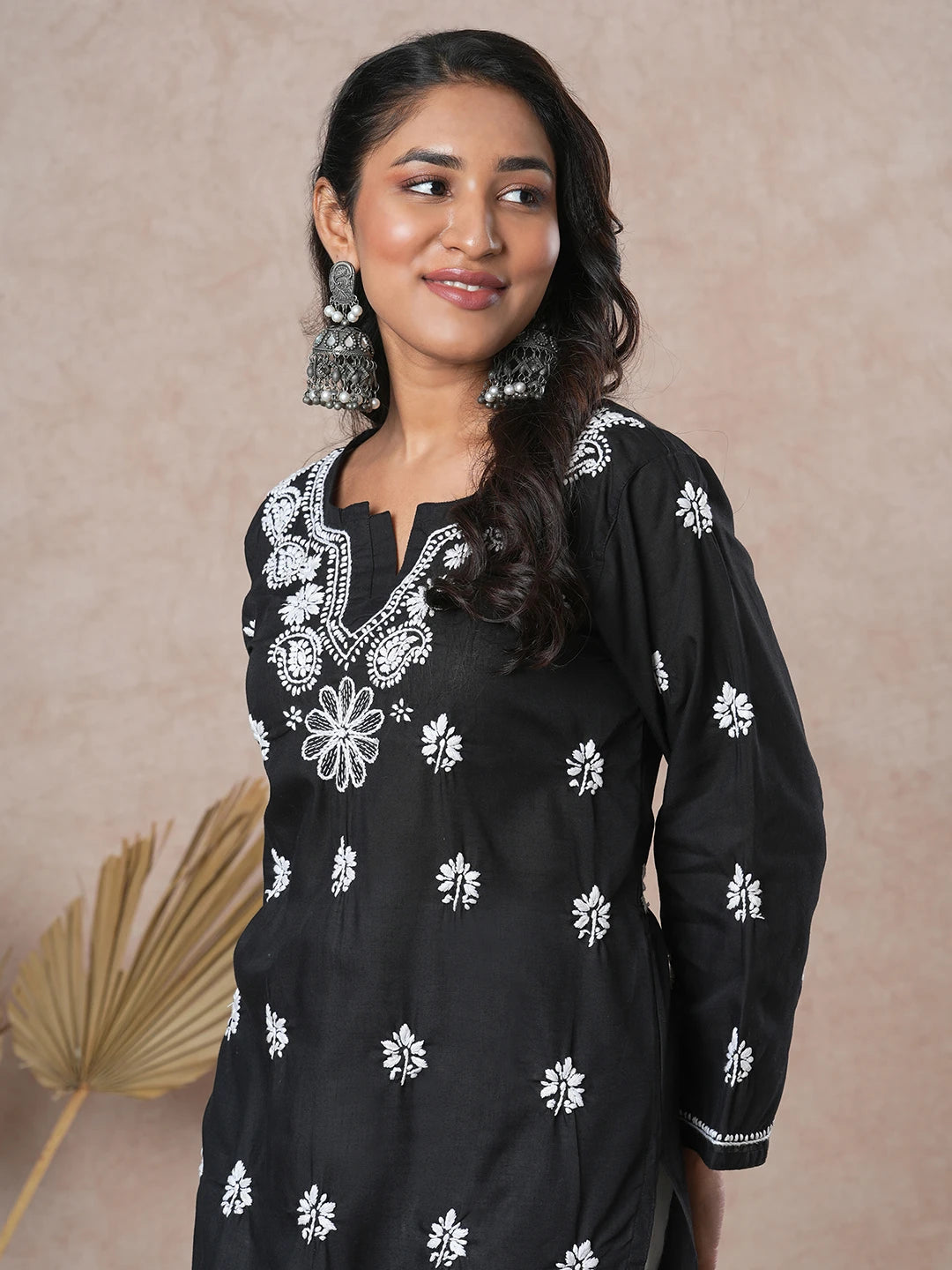 Ada Hand Embroidered Black Cotton Lucknowi Chikankari Straight Kurta A132588