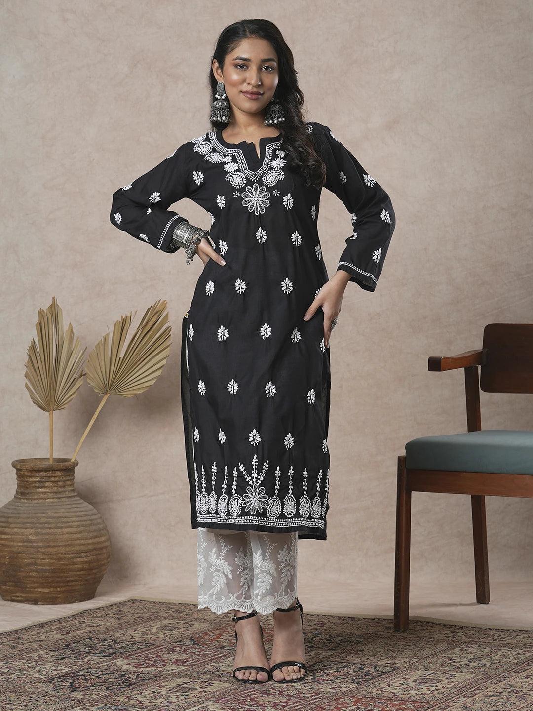 Ada Hand Embroidered Black Cotton Lucknowi Chikankari Straight Kurta A132588