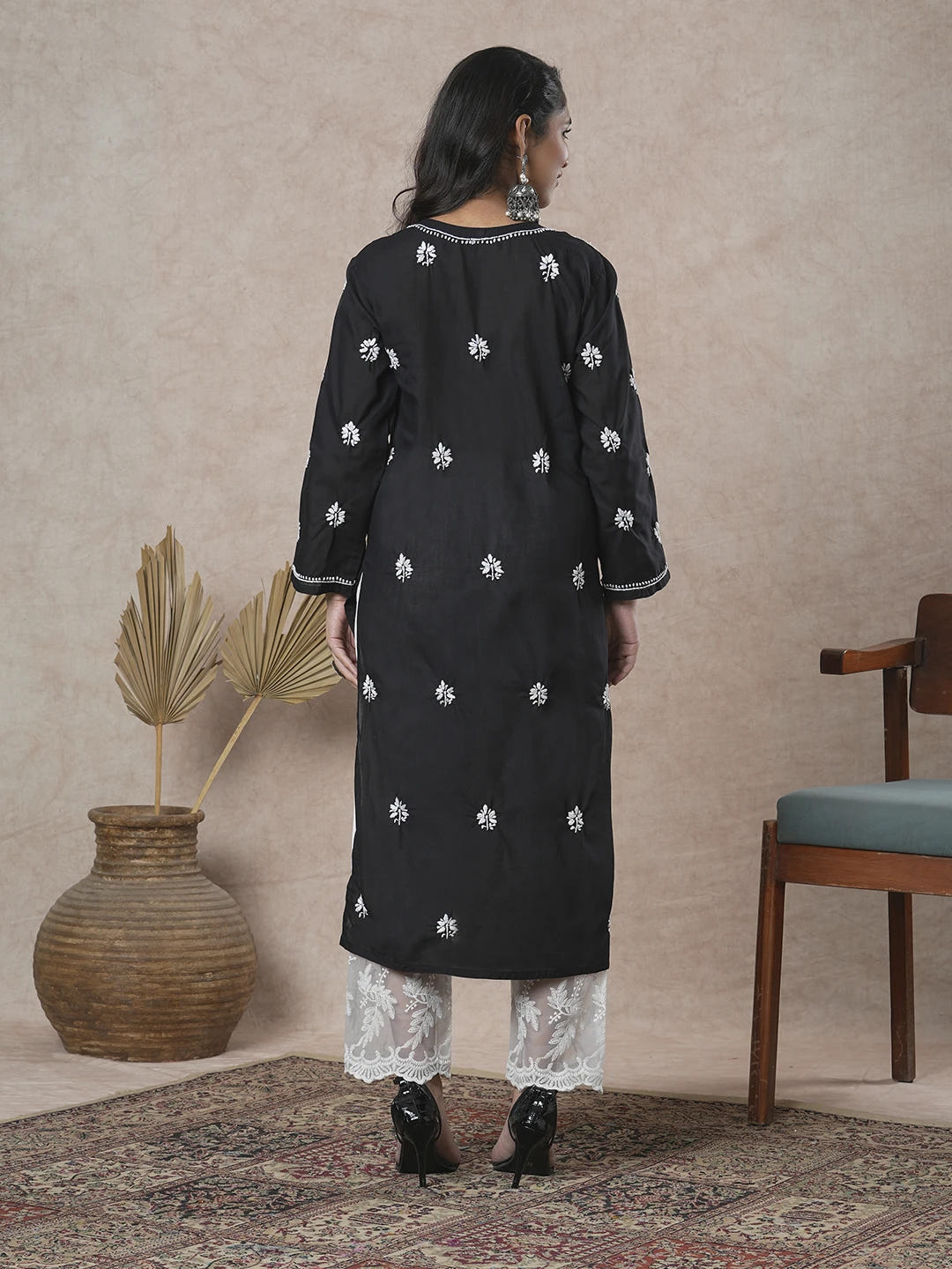 Ada Hand Embroidered Black Cotton Lucknowi Chikankari Straight Kurta A132588