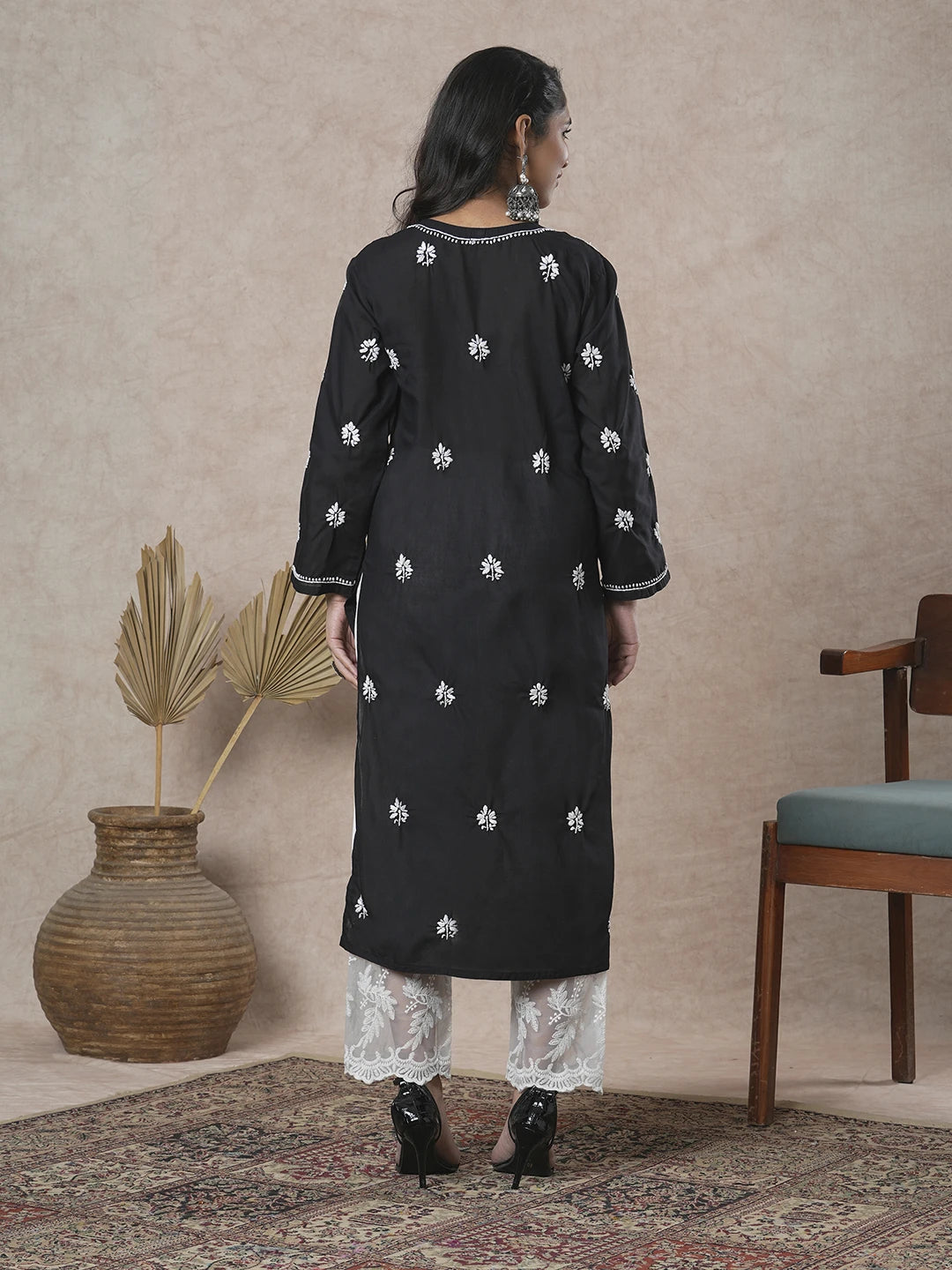 Ada Hand Embroidered Black Cotton Lucknowi Chikankari Straight Kurta A132588