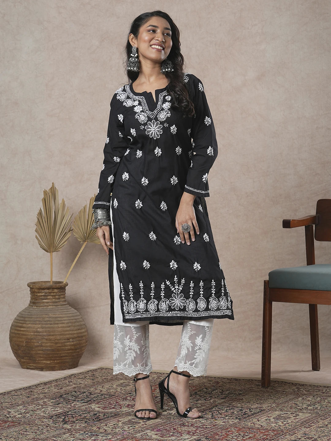 Ada Hand Embroidered Black Cotton Lucknowi Chikankari Straight Kurta A132588