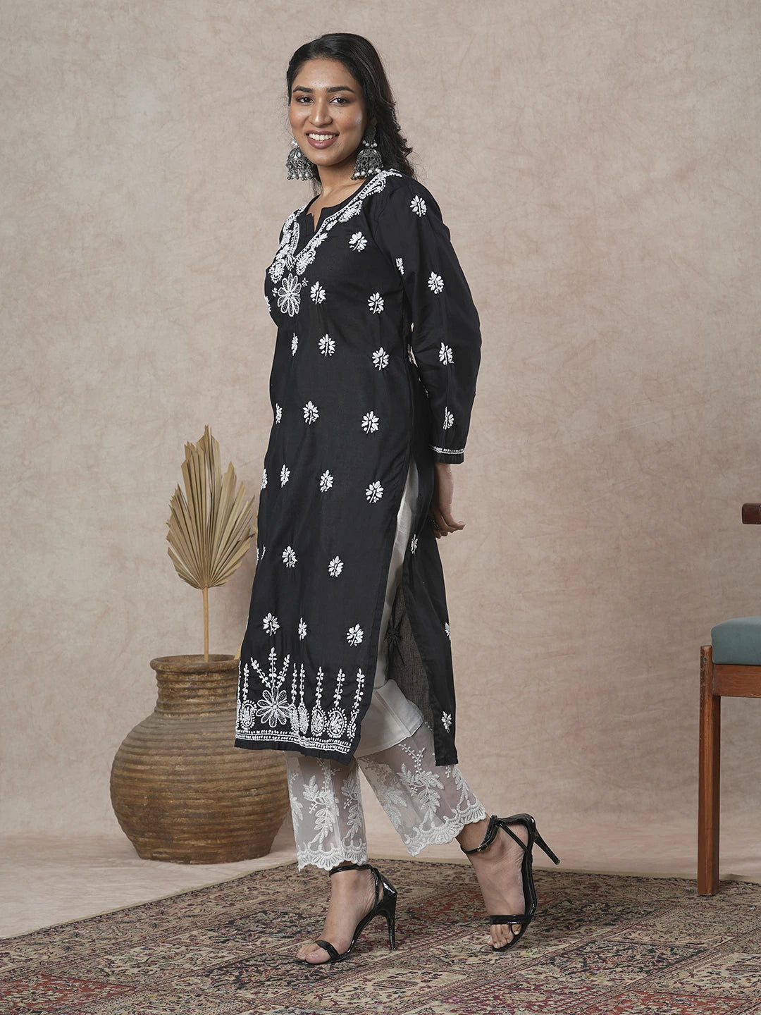 Ada Hand Embroidered Black Cotton Lucknowi Chikankari Straight Kurta A132588