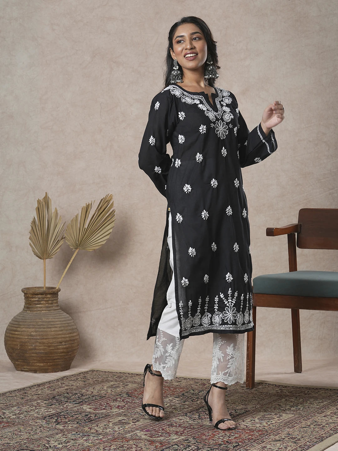 Ada Hand Embroidered Black Cotton Lucknowi Chikankari Straight Kurta A132588