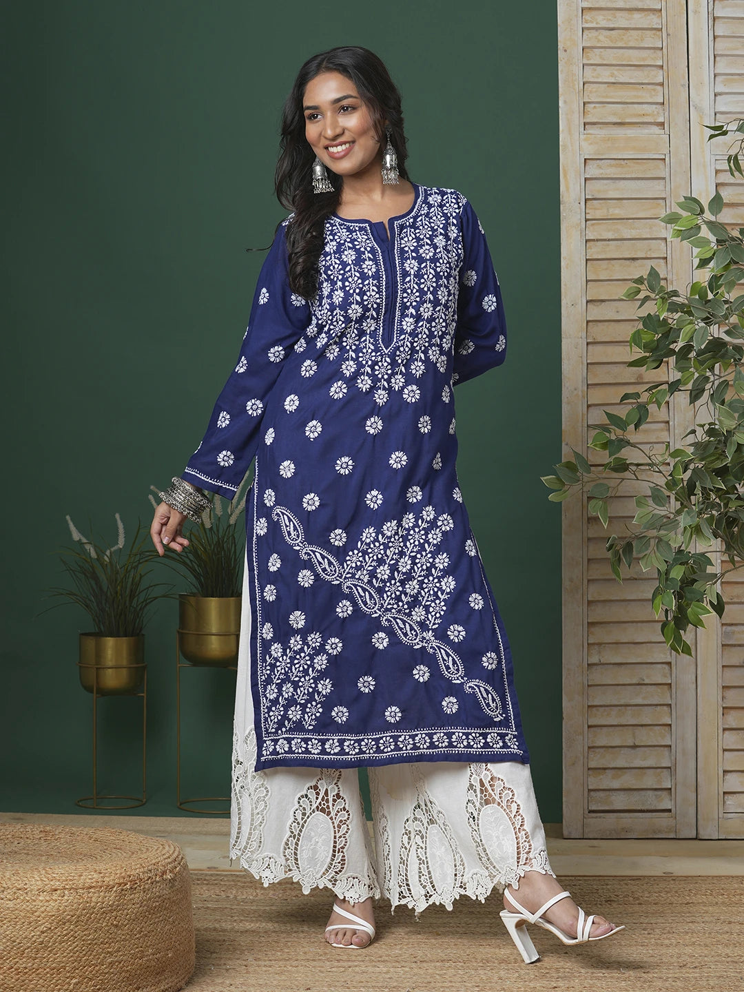 Ada Hand Embroidered Royal Blue Cotton Lucknowi Chikankari Straight Kurta A100295