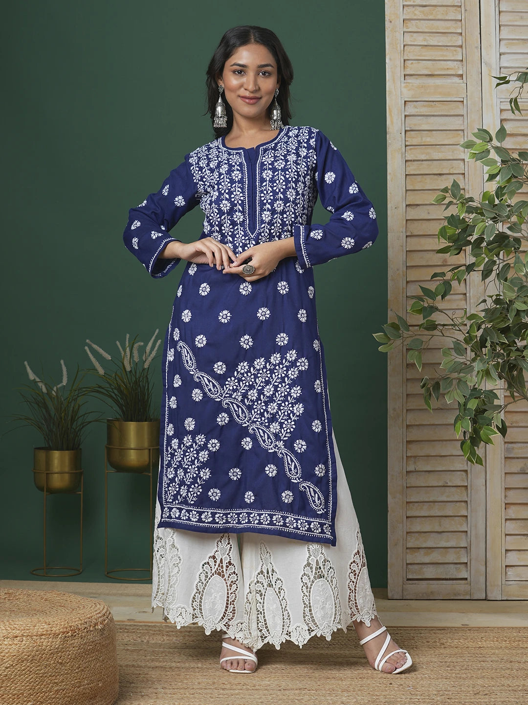 Ada Hand Embroidered Royal Blue Cotton Lucknowi Chikankari Straight Kurta A100295