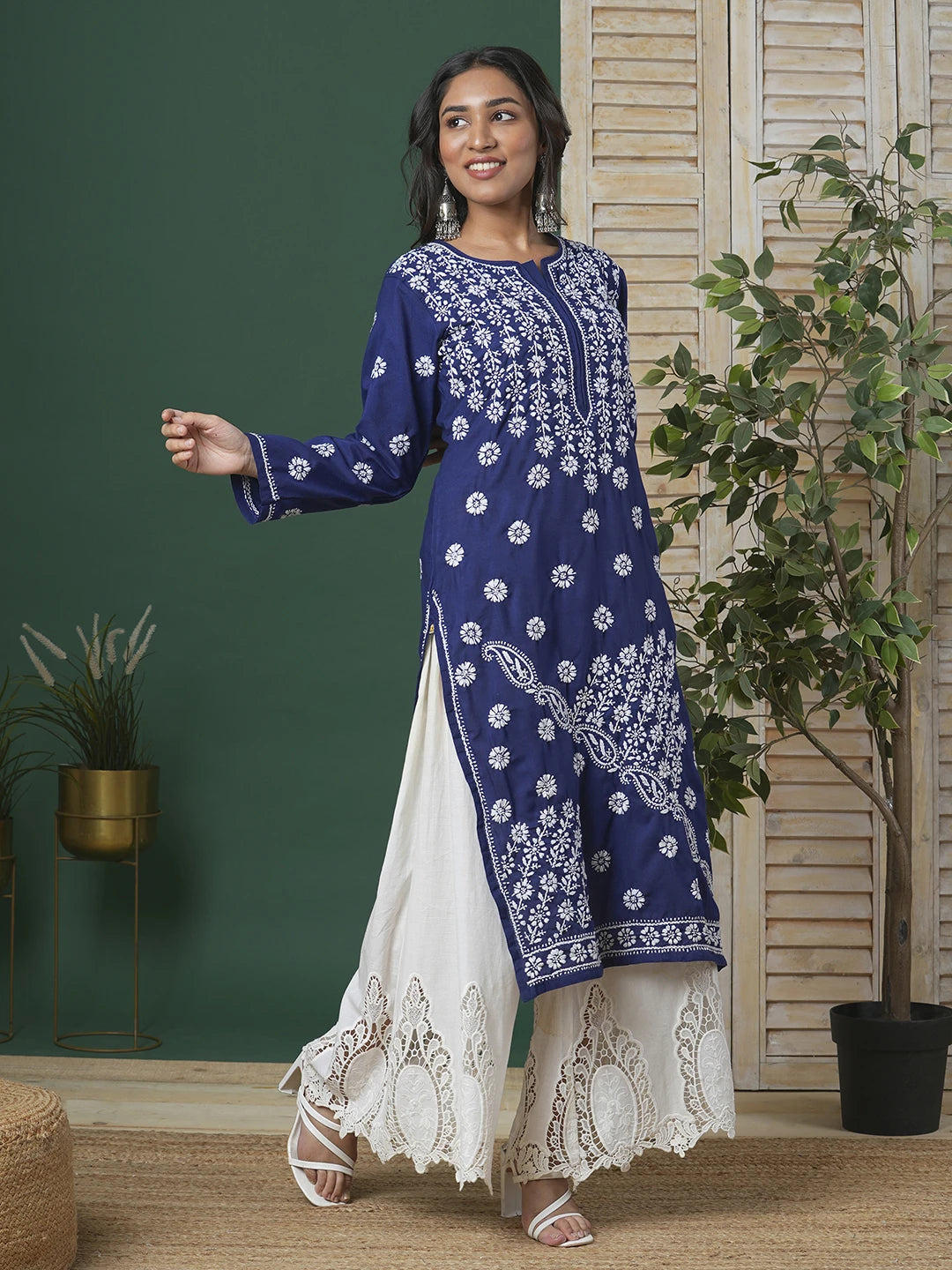 Ada Hand Embroidered Royal Blue Cotton Lucknowi Chikankari Straight Kurta A100295