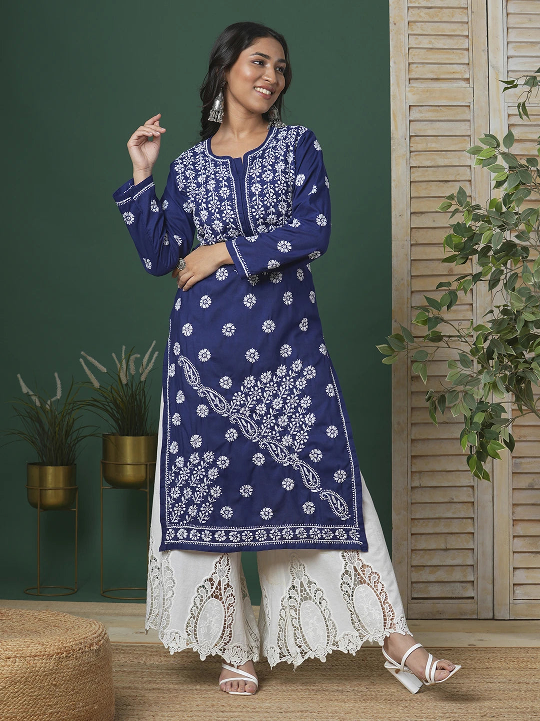Ada Hand Embroidered Royal Blue Cotton Lucknowi Chikankari Straight Kurta A100295