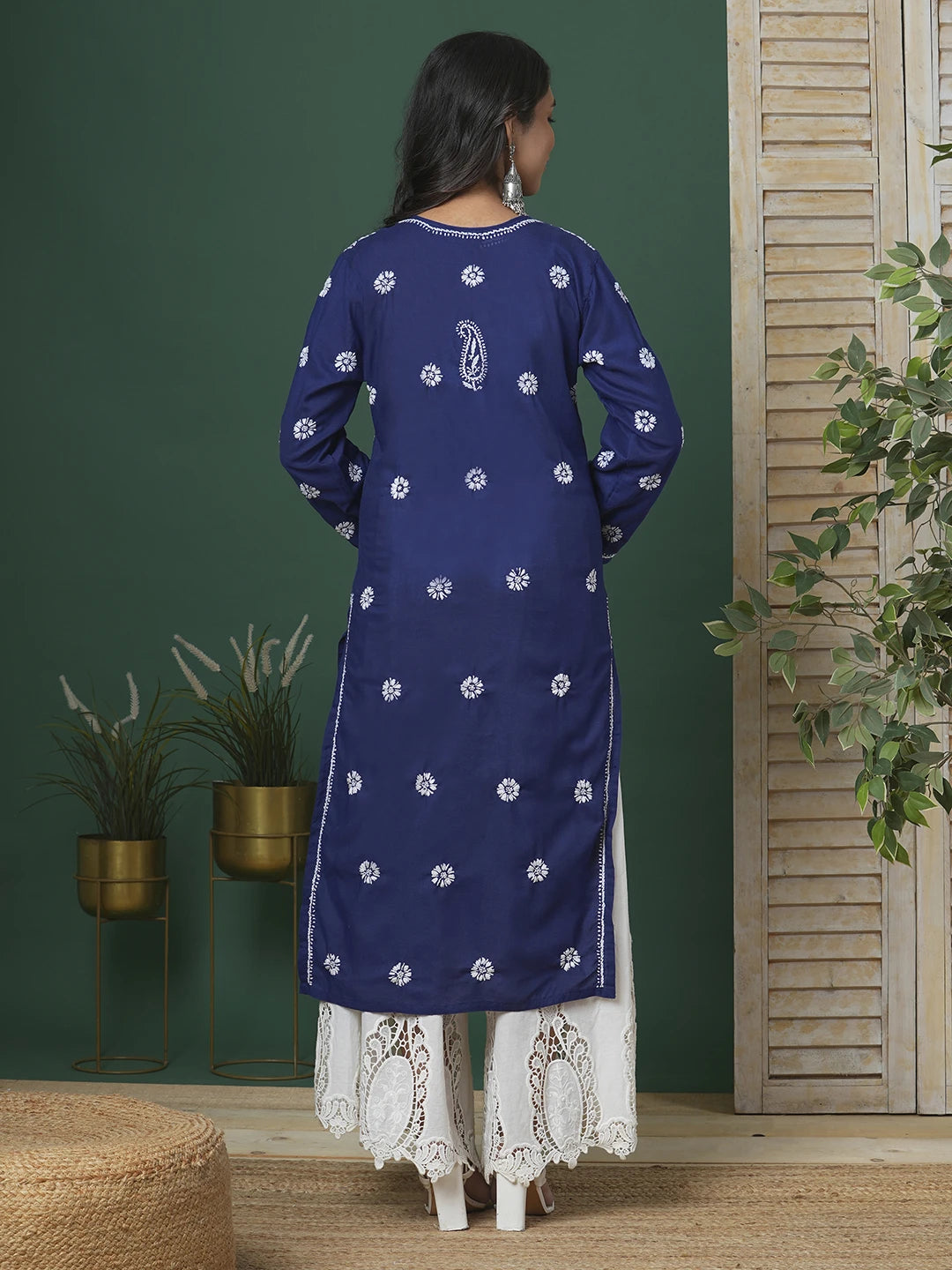 Ada Hand Embroidered Royal Blue Cotton Lucknowi Chikankari Straight Kurta A100295