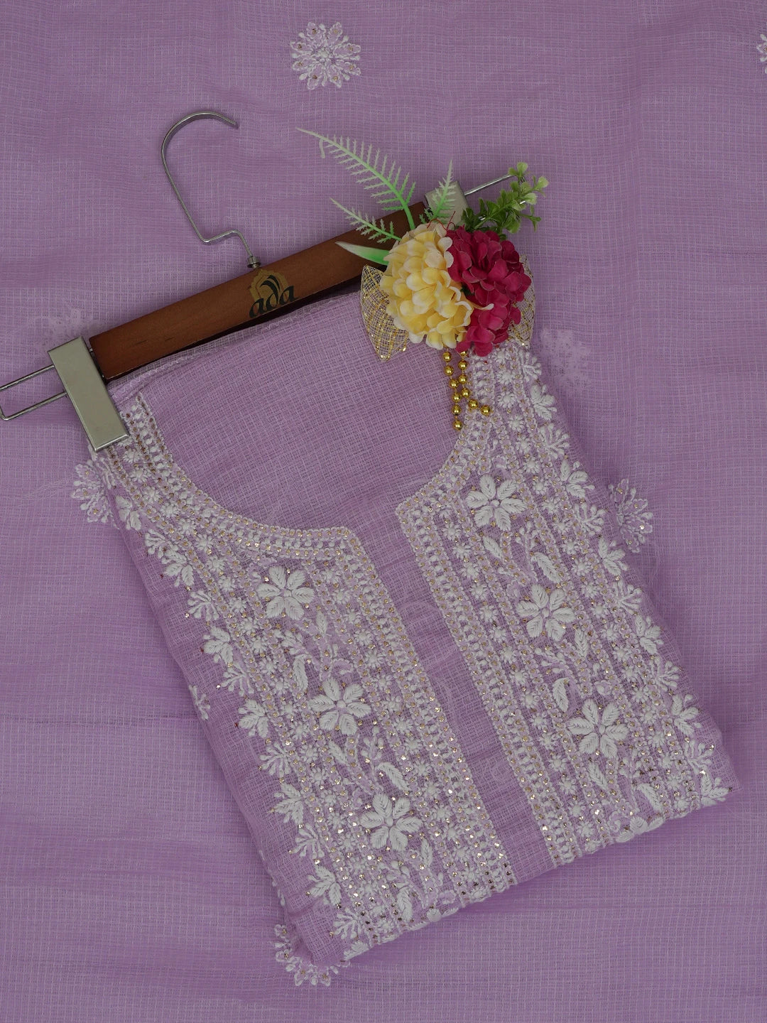 Ada Hand Embroidered Mauve Kota Lucknowi Chikankari Unstitched Kurta Dupatta Set With Muqaish Work 01A549043
