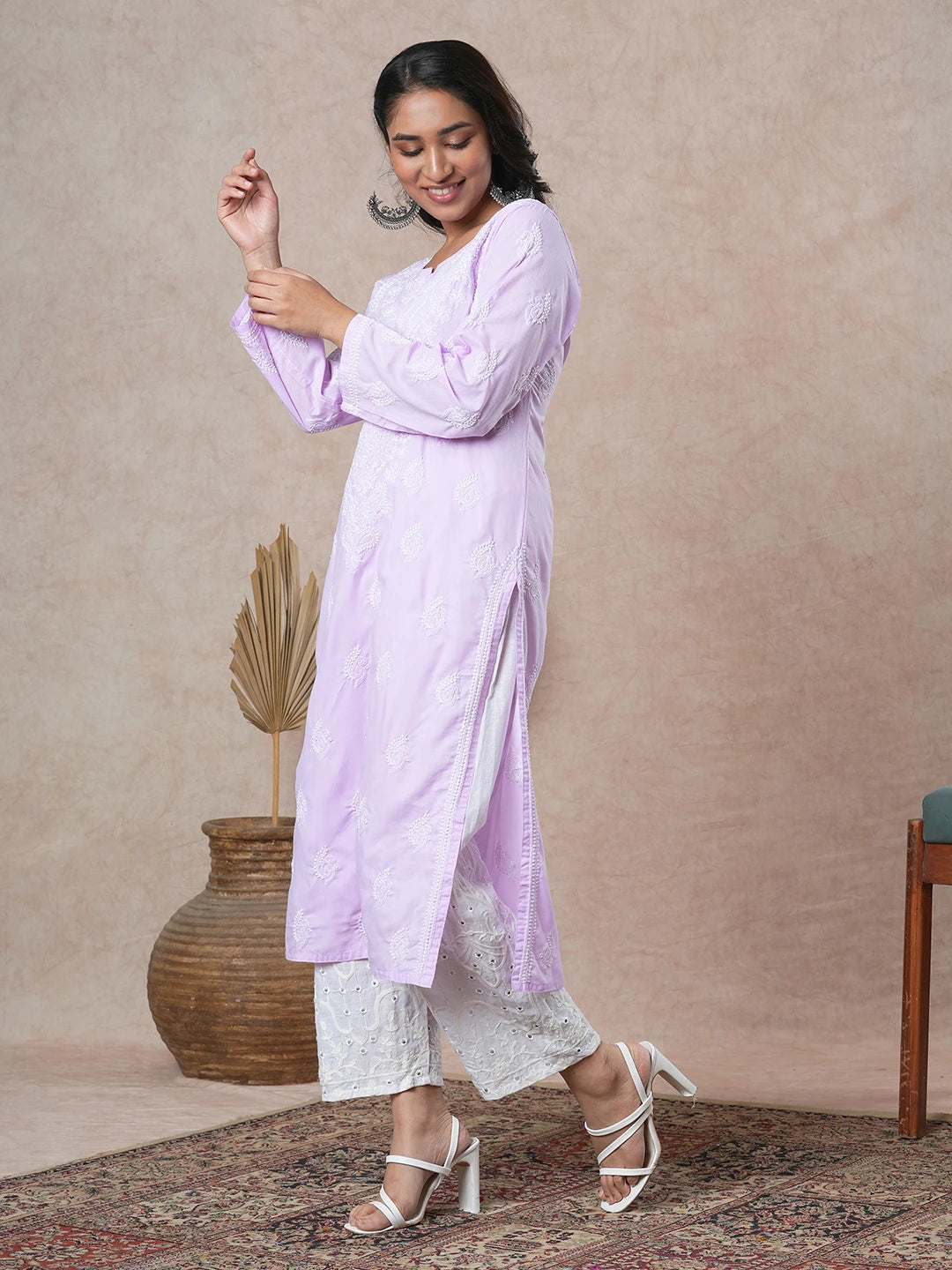 Ada Hand Embroidered Mauve Cotton Lucknowi Chikankari Straight Kurta A411691