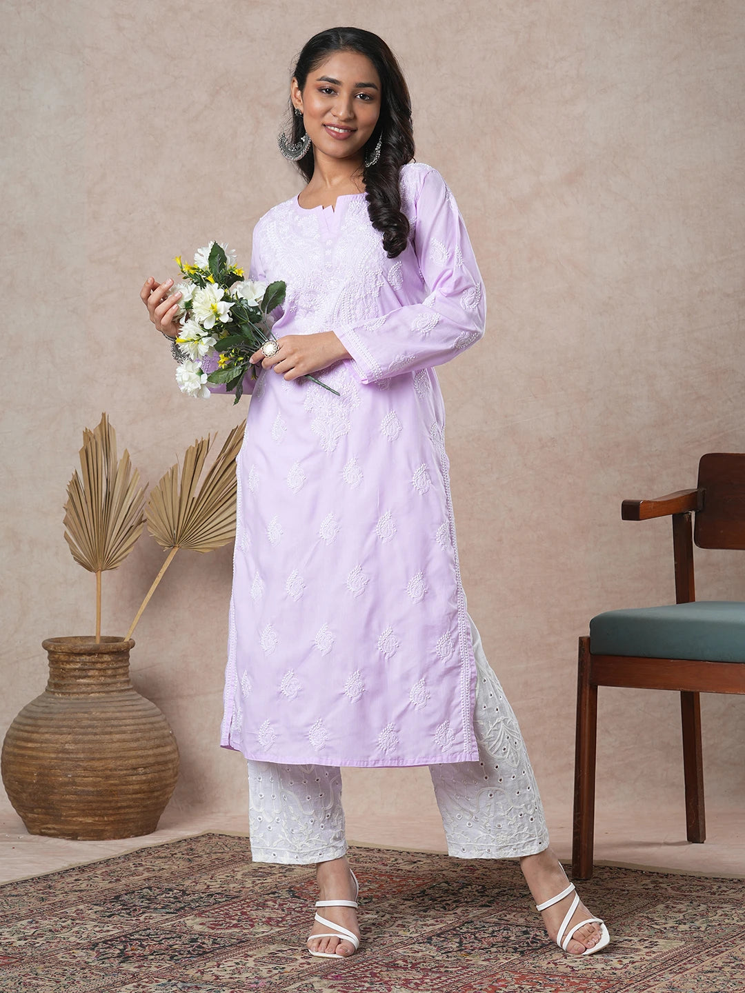 Ada Hand Embroidered Mauve Cotton Lucknowi Chikankari Straight Kurta A411691
