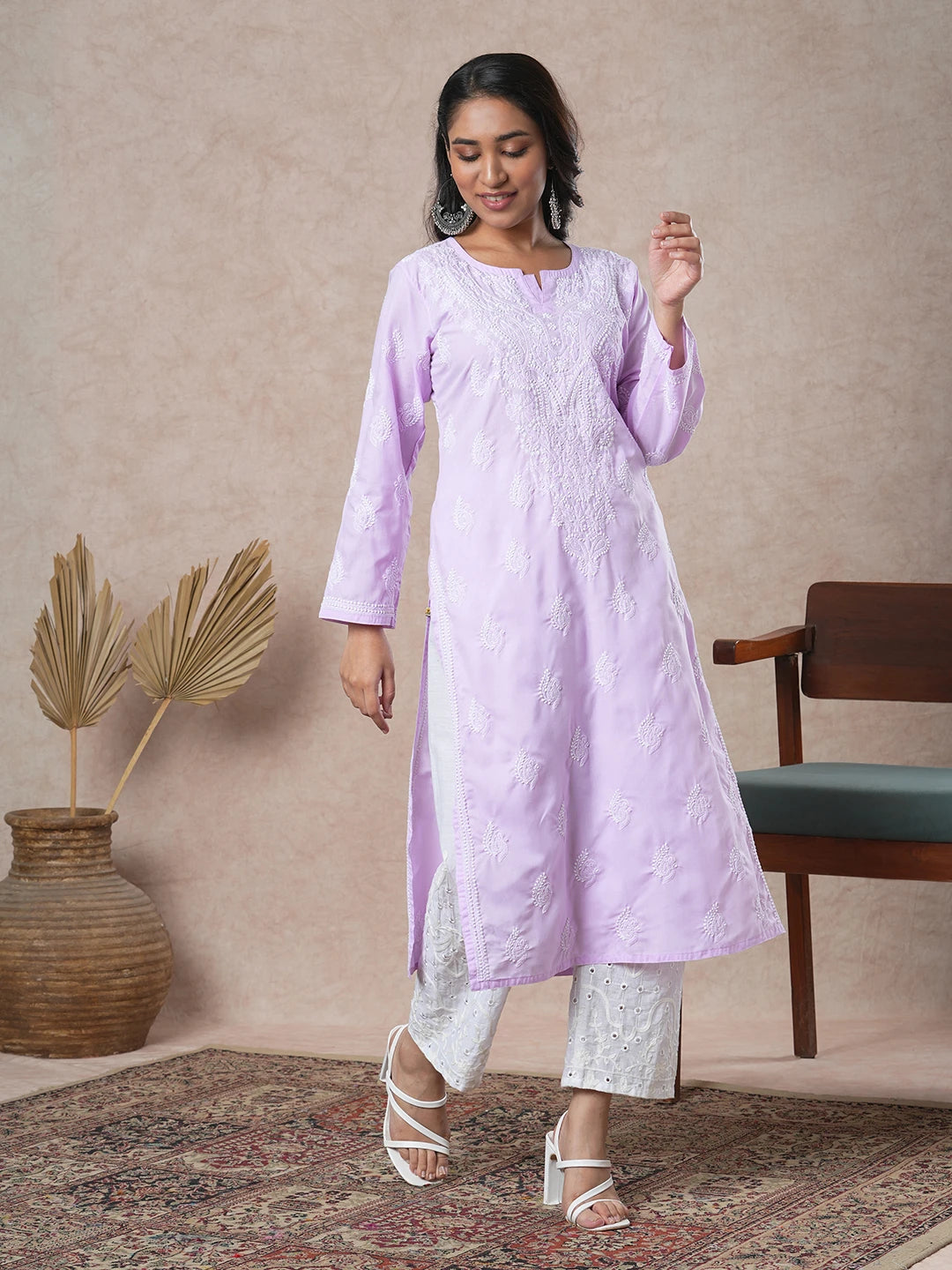 Ada Hand Embroidered Mauve Cotton Lucknowi Chikankari Straight Kurta A411691