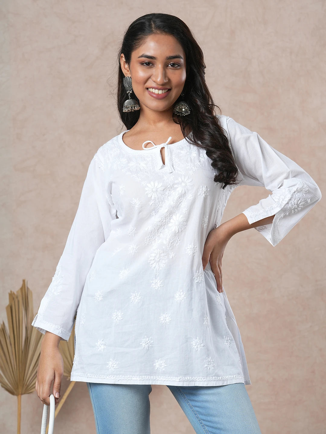 Ada Hand Embroidered White Cotton Lucknowi Chikankari Straight Kurti A911209