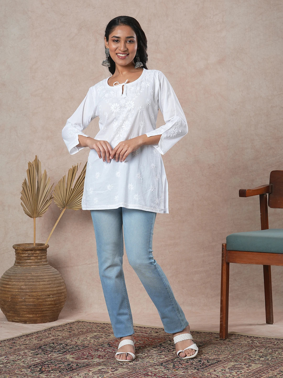 Ada Hand Embroidered White Cotton Lucknowi Chikankari Straight Kurti A911209
