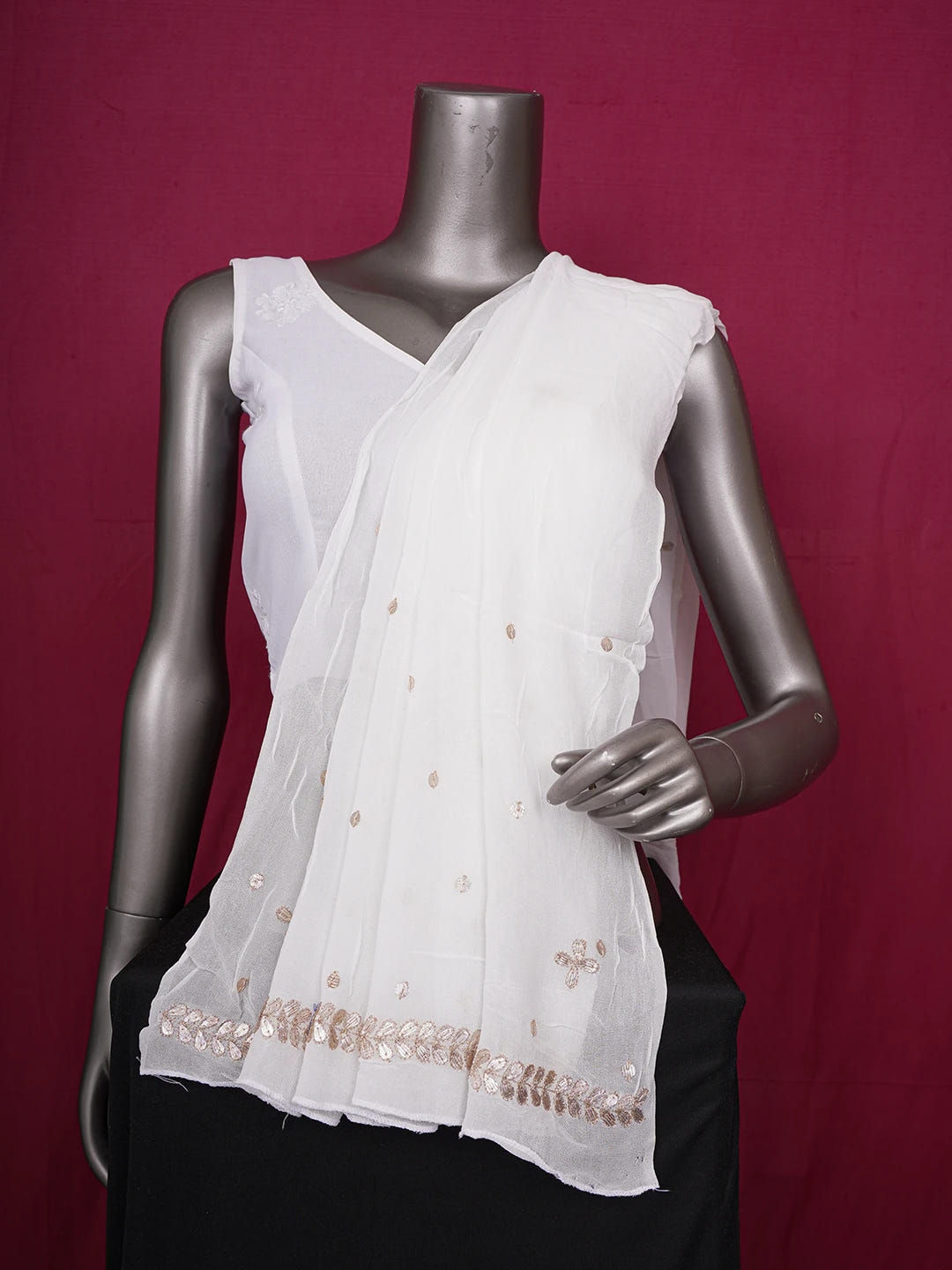 Ada Hand Embroidered White Viscose Georgette Lucknowi Chikankari Dupatta With Zari Work 01A496100