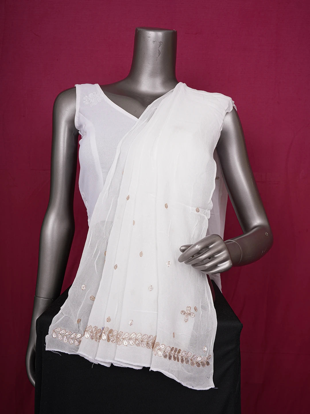 Ada Hand Embroidered White Viscose Georgette Lucknowi Chikankari Dupatta With Zari Work 01A496100